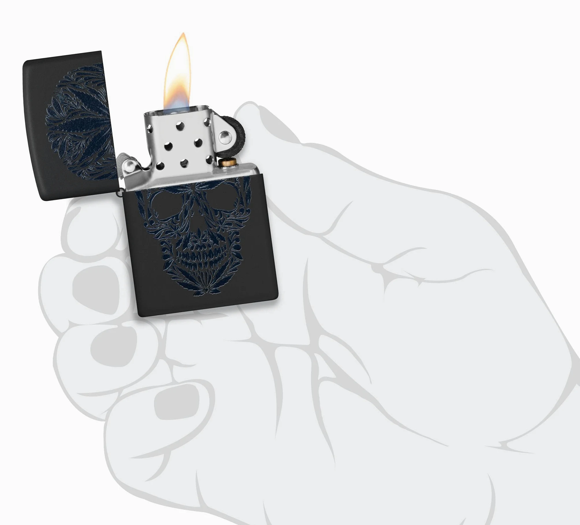 Zippo Encendedor a Prueba de Viento - Modelo Cannabis Skull - Acabado Negro Mate con Efecto Luz Negra - Recargable - Reutilizable - Diseño a Prueba de Viento - Caja de Regalo - Hecho en EEUU