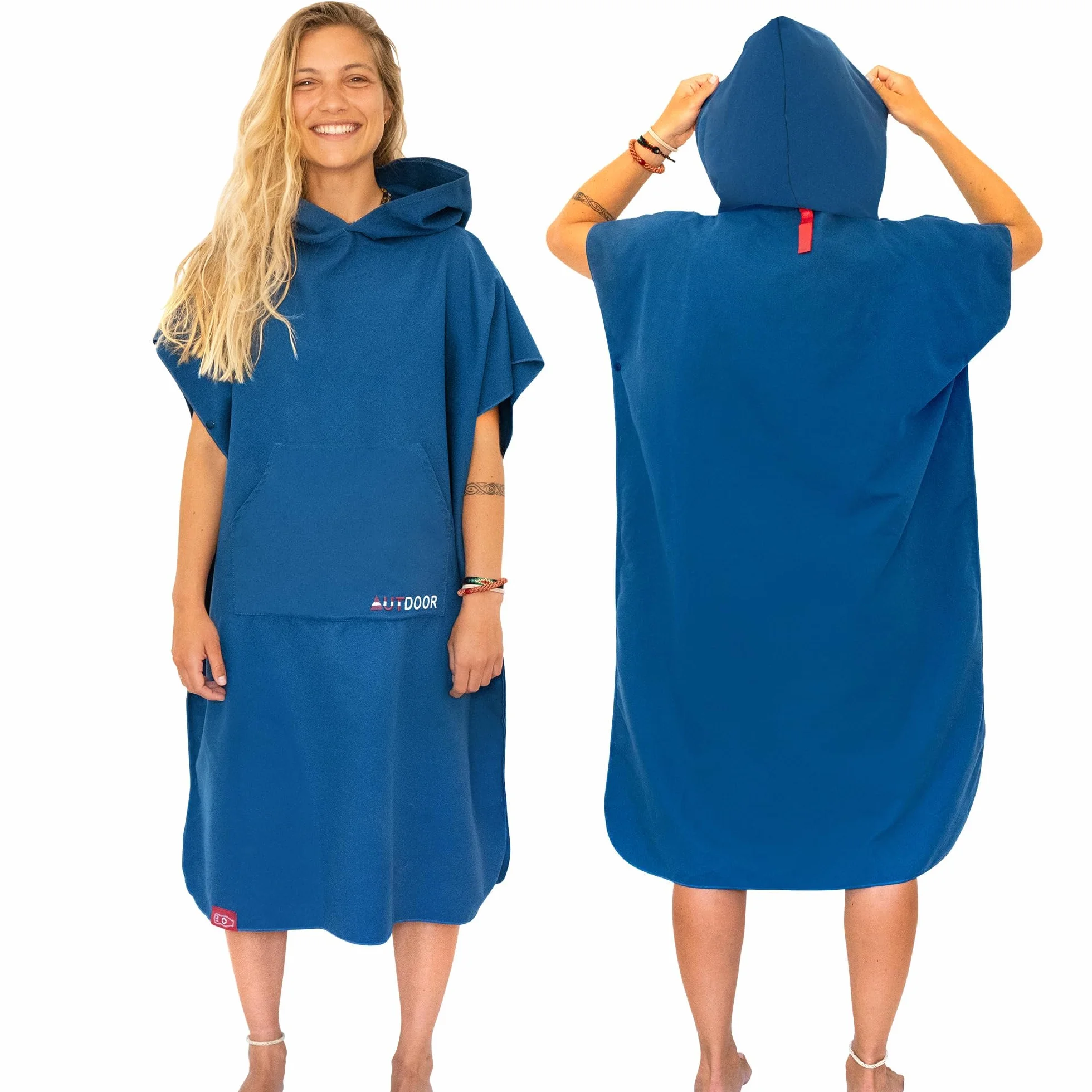AUTDOOR® Poncho Surf - Fabricado a Partir de Botellas de plástico recicladas - Toalla de Piscina compacta, Ligera y de Secado rápido Ideal para natación y Deportes acuáticos (Azul, Mediano)