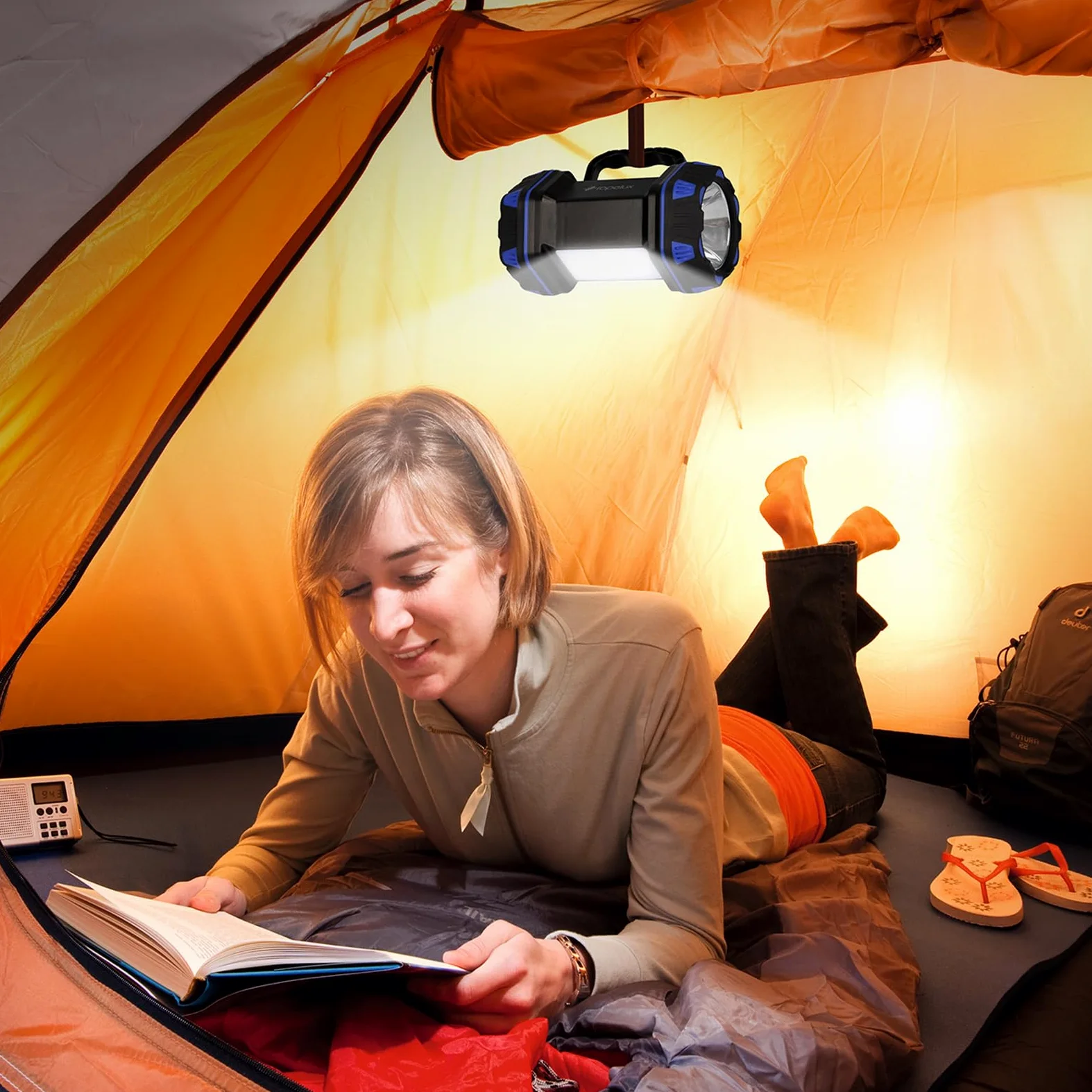 Linterna LED de camping recargable, linterna de camping de 1500 lm, 8 modos de luz, luces de camping de capacidad 4800, banco de energía USB, luz de flash brillante portátil para emergencias, cortes