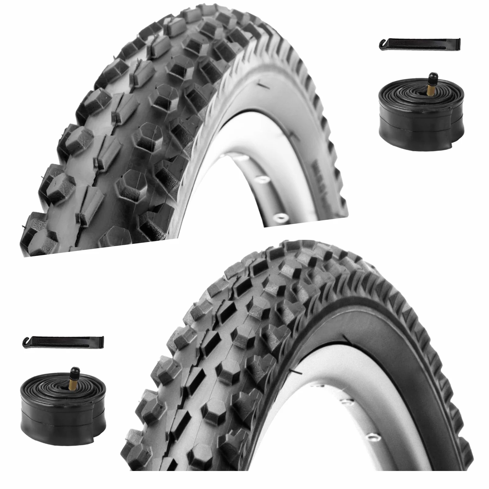 WHEELO Juego de neumáticos para bicicleta de montaña: paquete de 2 neumáticos de bicicleta plegables de repuesto de 26 x 2.1 pulgadas y par de tubos interiores de válvula Schrader con palancas de