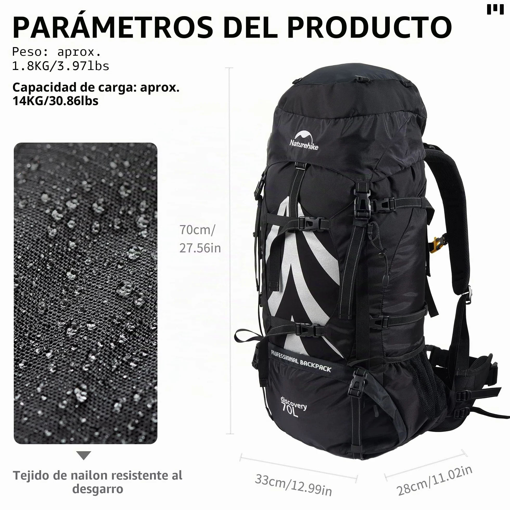 Naturehike Mochila de Senderismo 70L Hombres Mujeres Trekking Mochila Ultraligero Impermeable Mochila Grande Mochila de Viaje con Raincover para al Aire Libre, Montañismo,Camping (Negro)