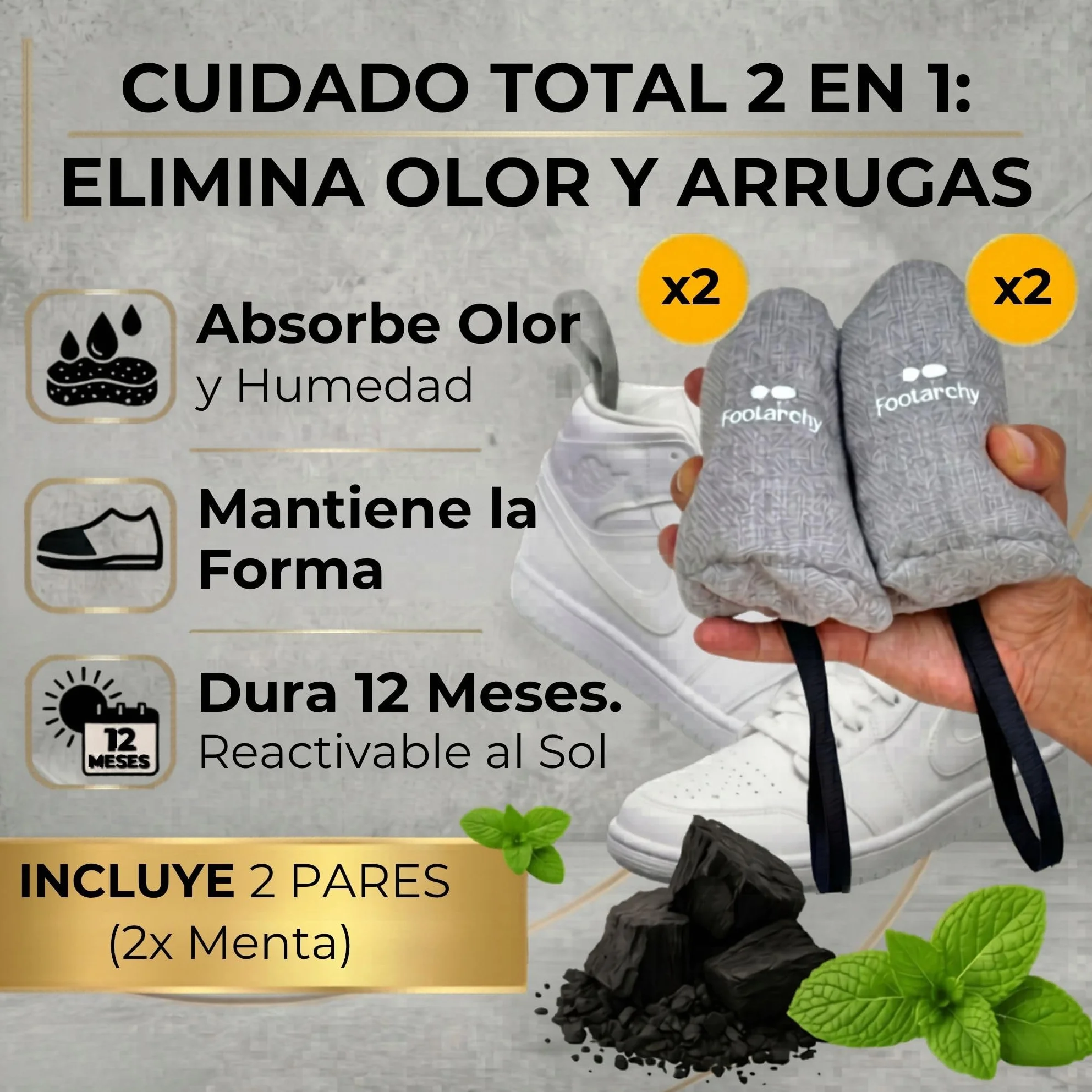 Absorbe Olores Zapatos Menta 4x80g Saquitos Carbón Activado Reutilizables 12 Meses Antihumedad