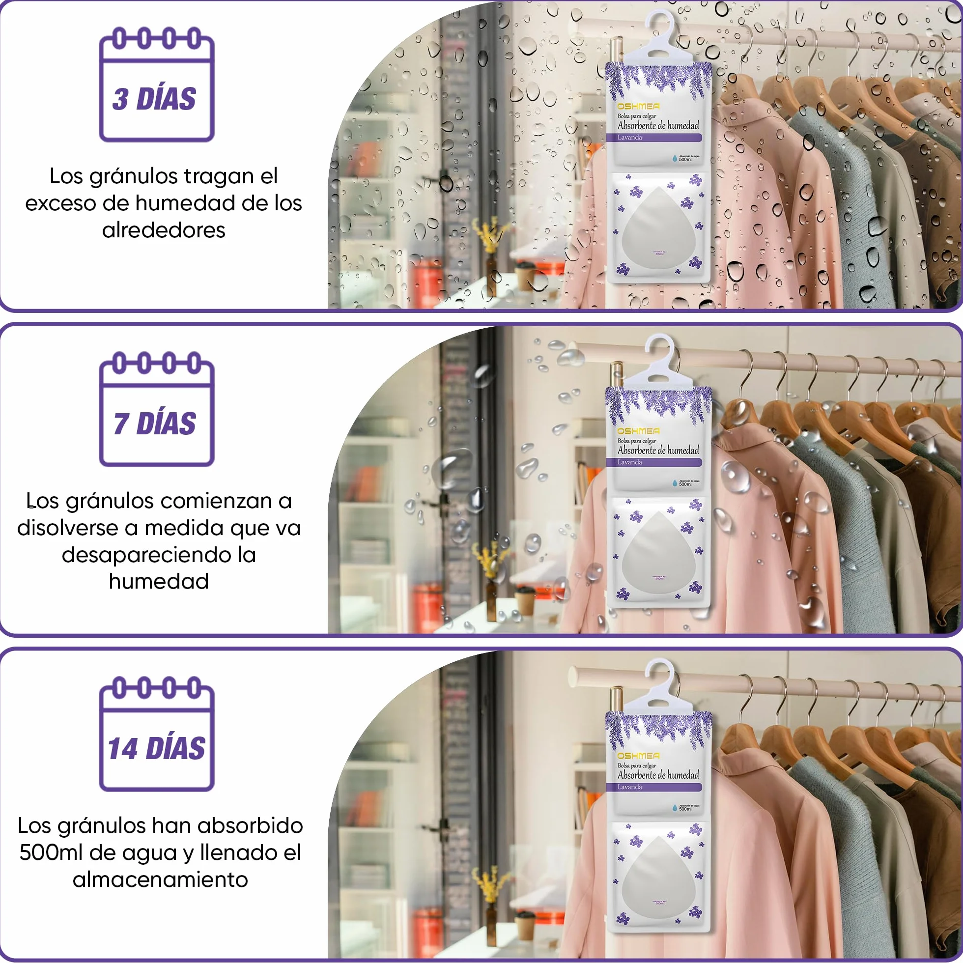 Bolsas Antihumedad PREMIUM 500ML 2 EN 1 Deshumidificador Armario Aroma Lavanda Absorbentes Humedad Condensación Quita Moho Olores