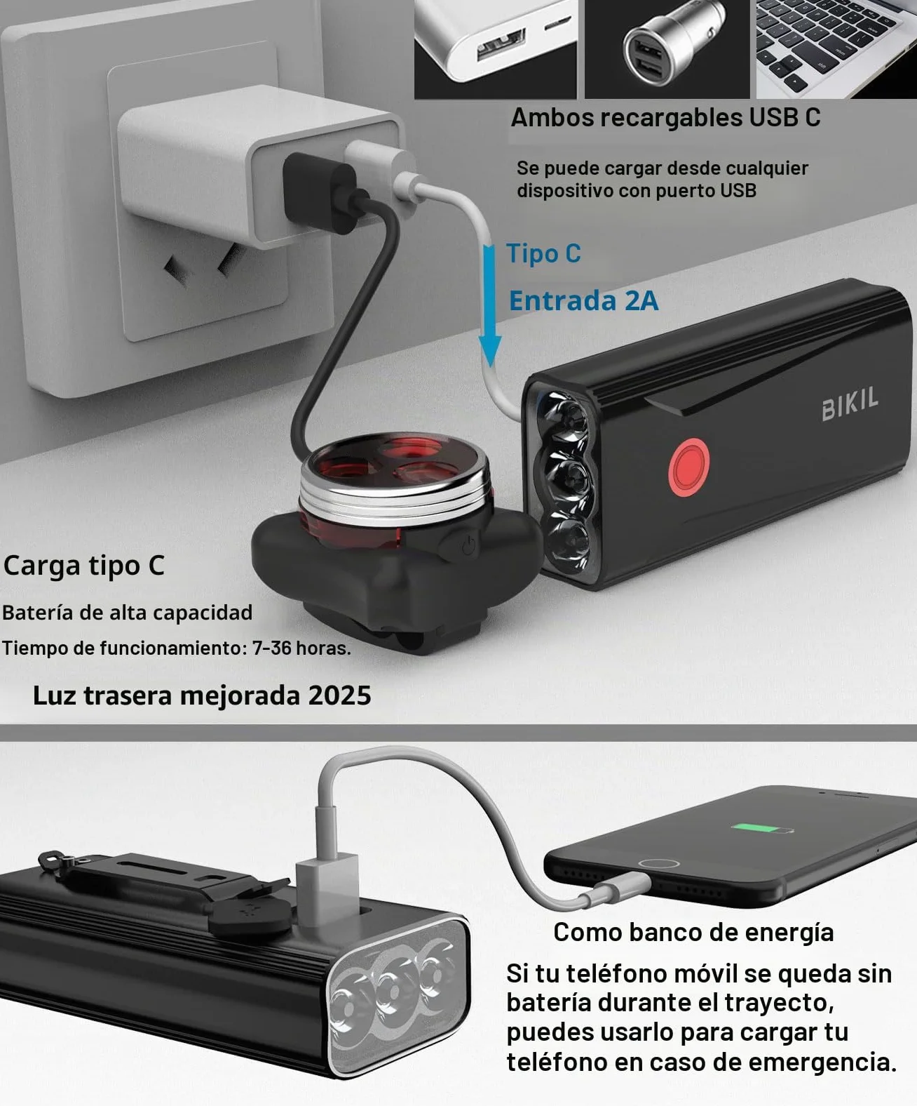 BIKIL luz Bicicleta 6400mAh luz Delantera Bicicleta Recargable USB C Luces Bicicleta Delantera y Trasera LED Impermeable Linterna Potente 2400 Lúmenes para Ciclismo Carretera y Montaña para la Noche