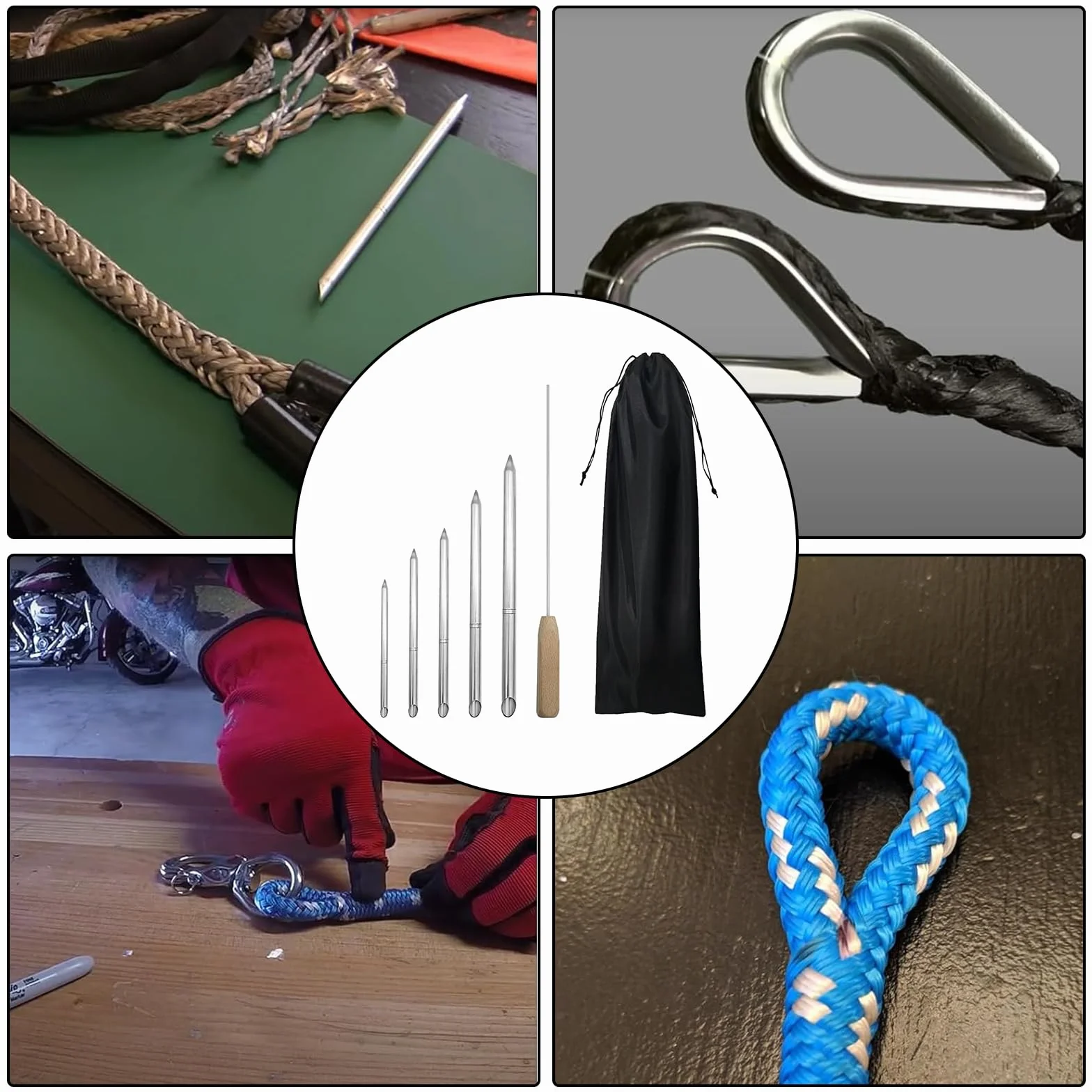 7 Piezas Kit Herramientas Empalmar Cuerdas, Acero Inoxidable Con Empujador Y Bolsa Almacenamiento Para Cuerdas Doble Trenzado 1/4" 5/16" 3/8" 7/16" 1/2" Para RáPida RecuperacióN Y Empalme
