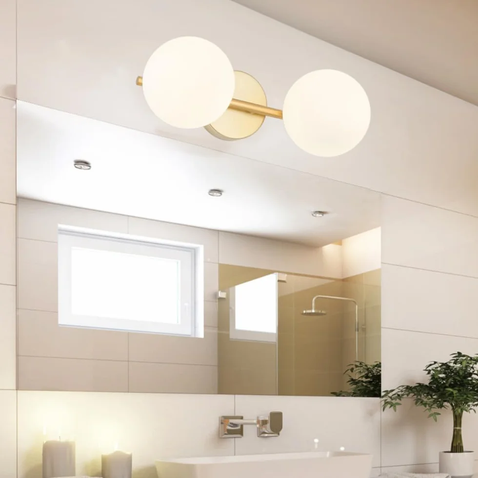 Aplique de baño dorado lámpara de tocador moderna pantalla cristal opalino dos cabezas