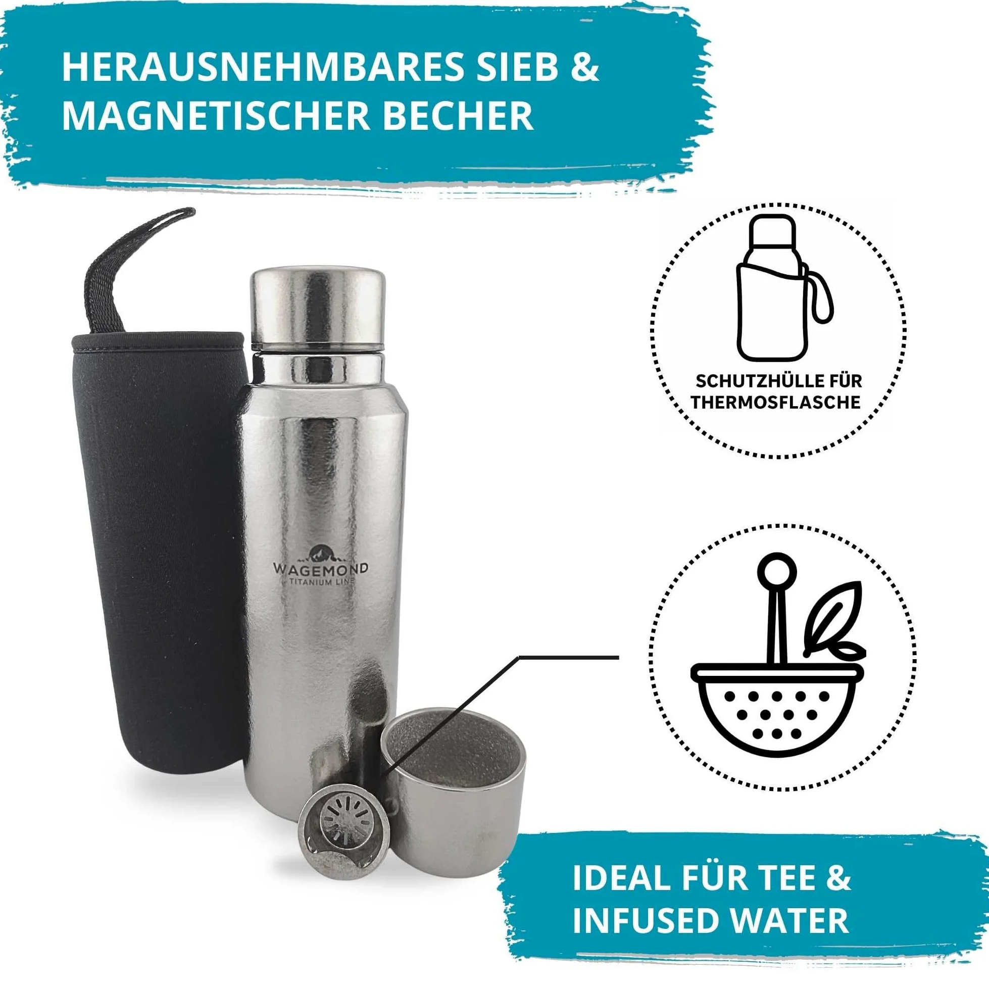 Termo de titanio de 500 ml, ultraligero y de doble pared, 100% titanio, sin BPA, con taza magnética, colador de té, funda protectora y cepillo de limpieza, para exteriores, camping, oficina