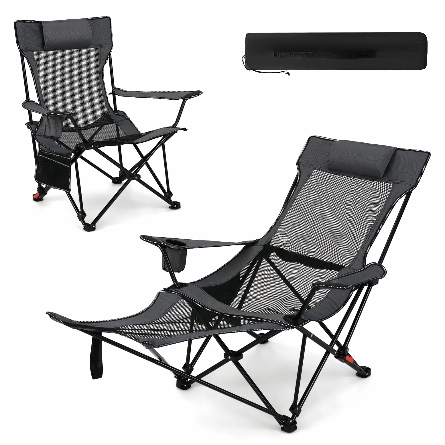 GIANTEX Silla de Camping Plegable 2 en 1 con Reposapiés Extaíble (2, Gris) | Silla Reclinable con Respaldo Ajustable, Almohada Acolchada, Soporte para Bebidas y Bolsilla Lateral, Bolsa de Transporte