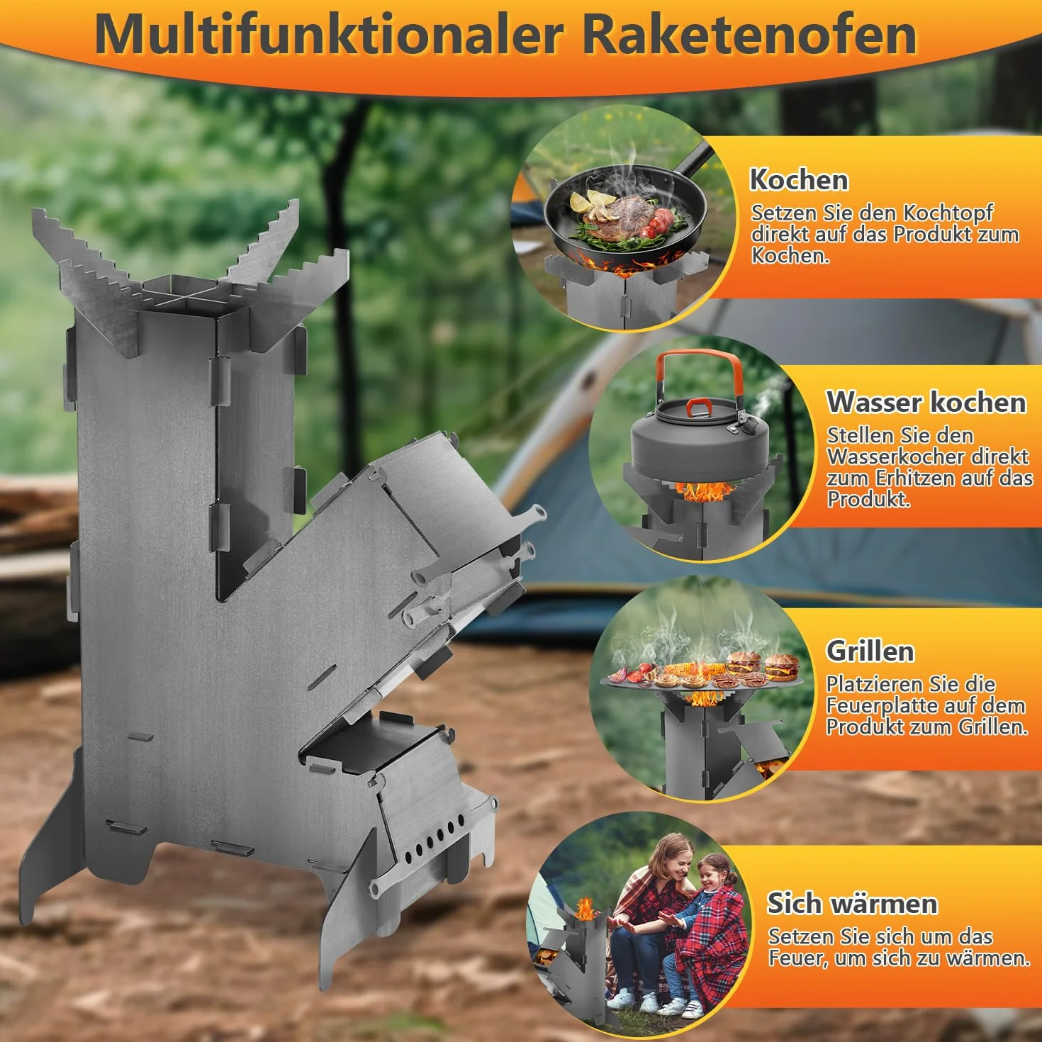 Eulenke Horno de cohetes con placa de parrilla y gancho para fuego, sistema de conexión Rocket Stove de acero de 3 mm de grosor, estufa de cohetes, estufa de leña, estufa de camping, estufa de cañón
