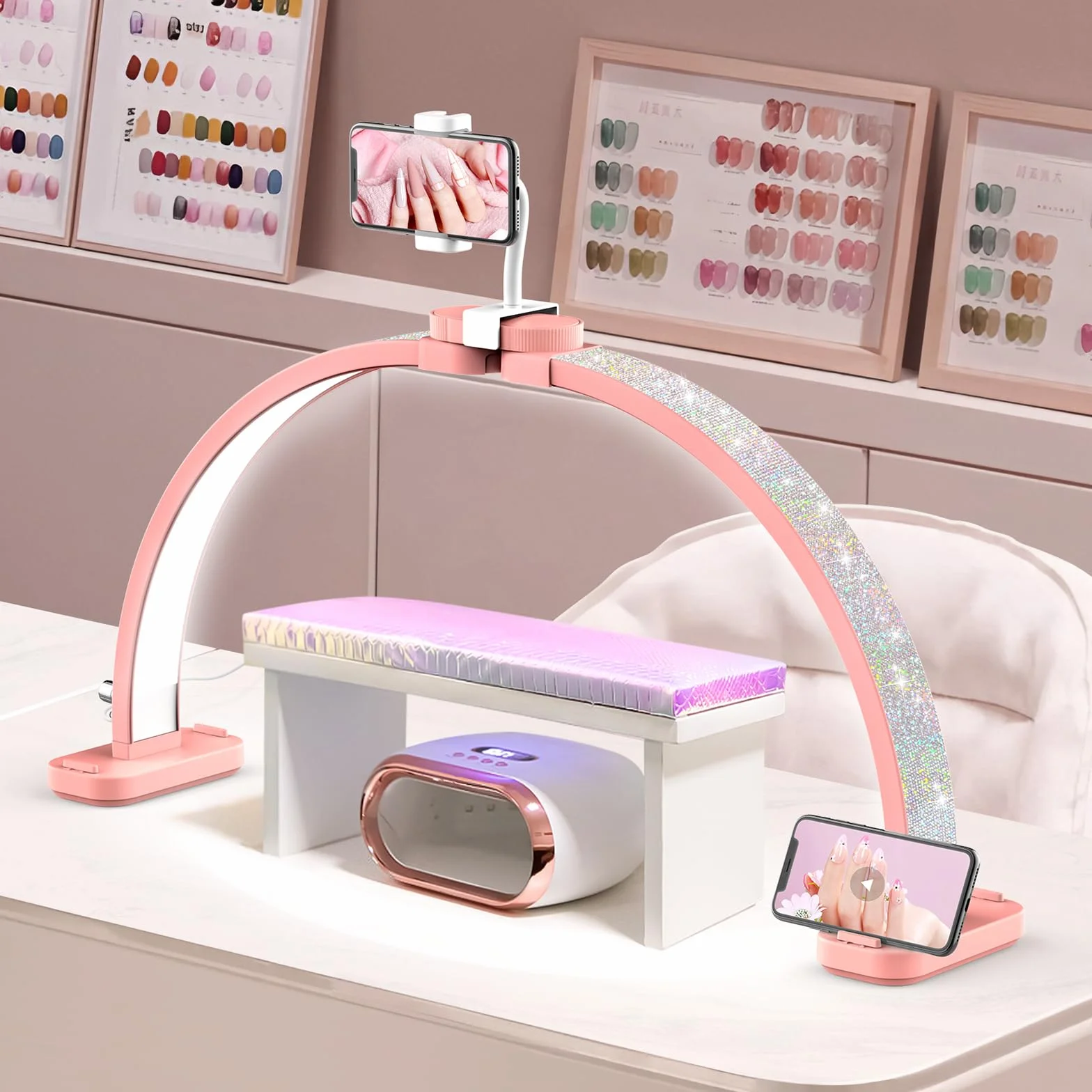 Media Luna Lámpara para Uñas 30" con Soporte 3 Modos Color 10 Niveles Brillo Ajustable Manicura Diamante Rosa