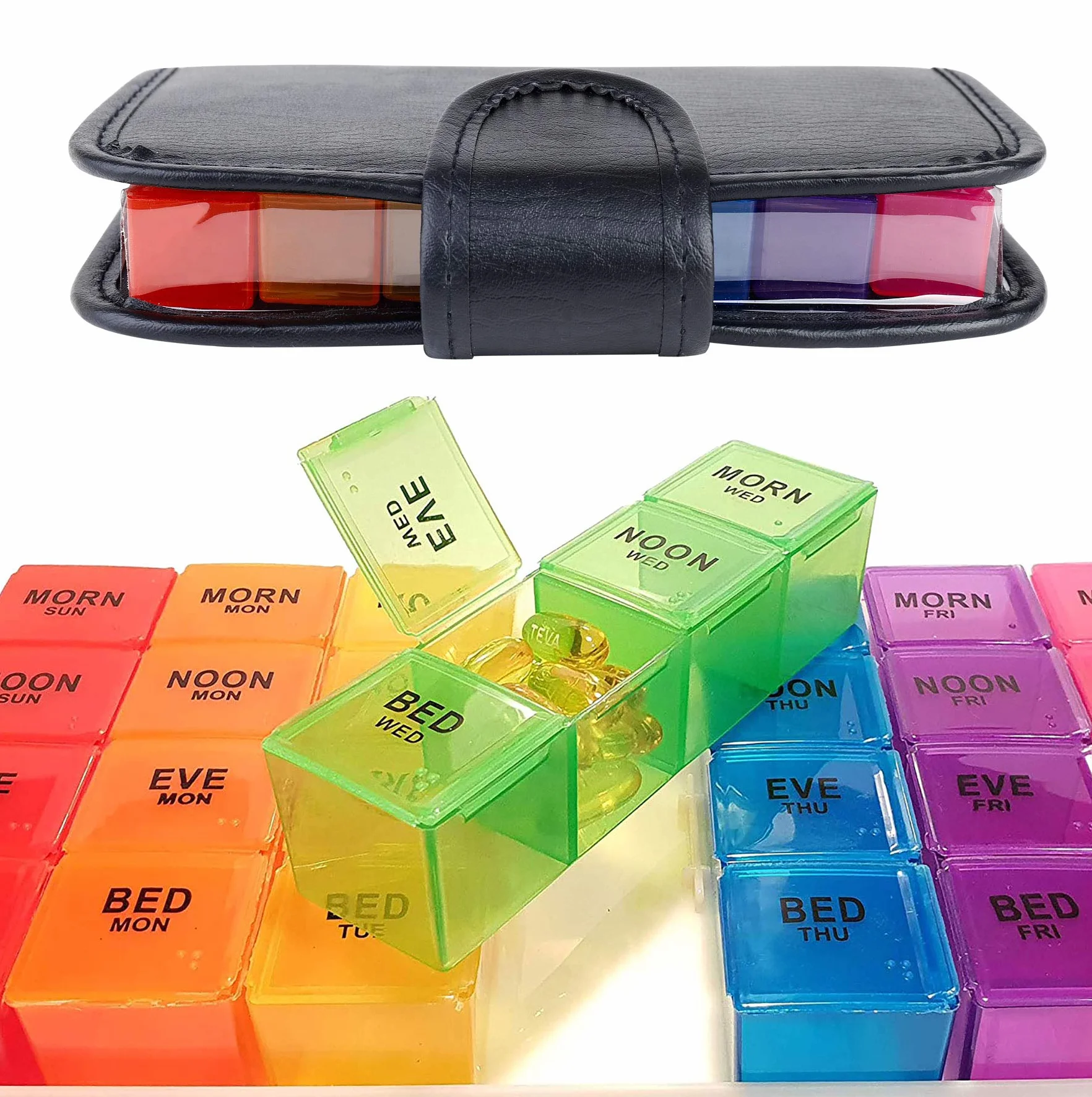Pastillero Organizador Semanal 7 Días 28 Compartimentos Multicolor con Estuche de Cuero