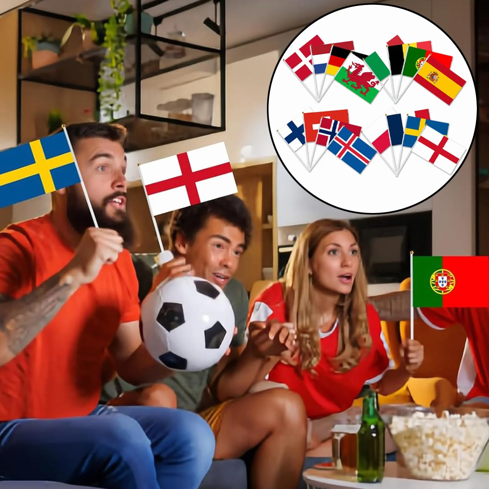 Banderas de 16 Naciones en Palo para Decoración de Fútbol Europeo Femenino 2025, Banderitas de 14 x 21 cm, Fiestas, Eventos y Celebraciones Deportivas