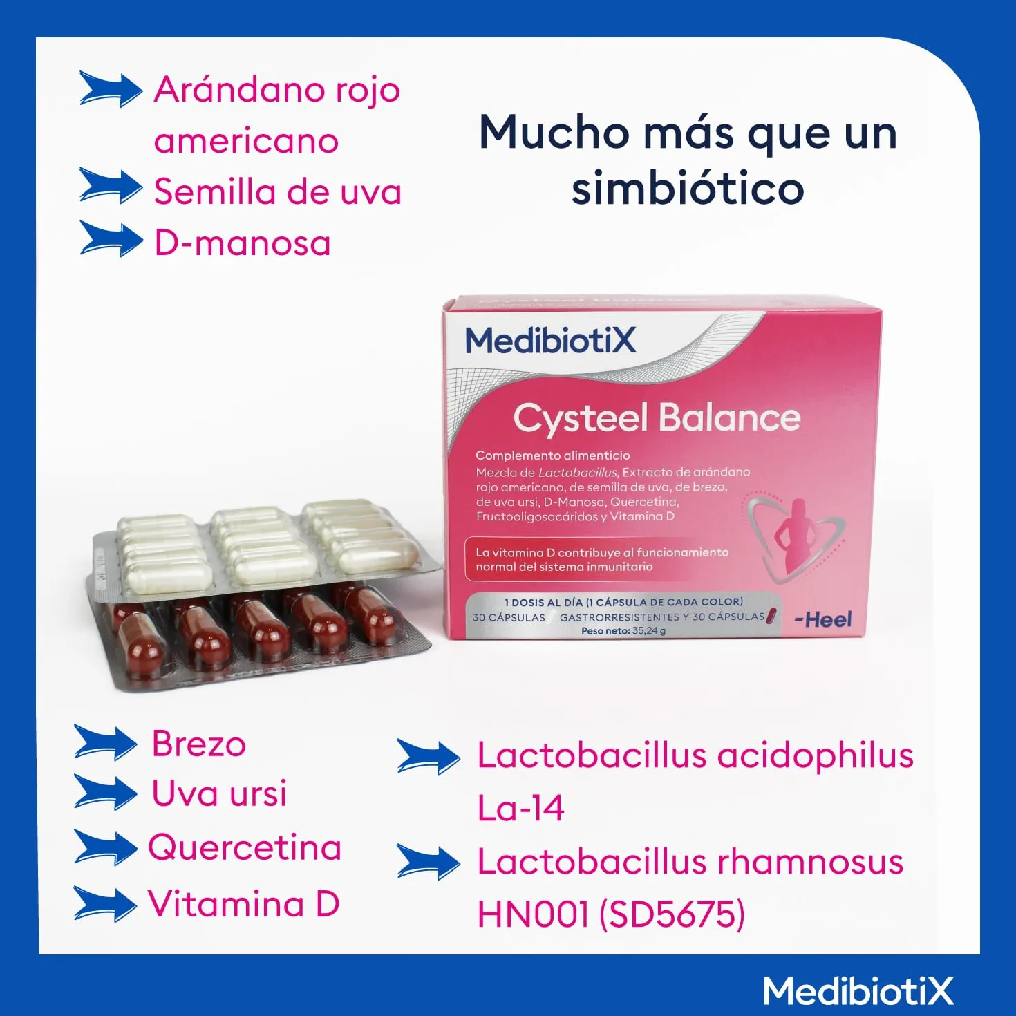 Cysteel Balance Heel Probióticos y Prebióticos D-Manosa y Arándano Rojo Bienestar Urinario Salud Íntima Femenina Cápsulas Gastrorresistentes 30+30