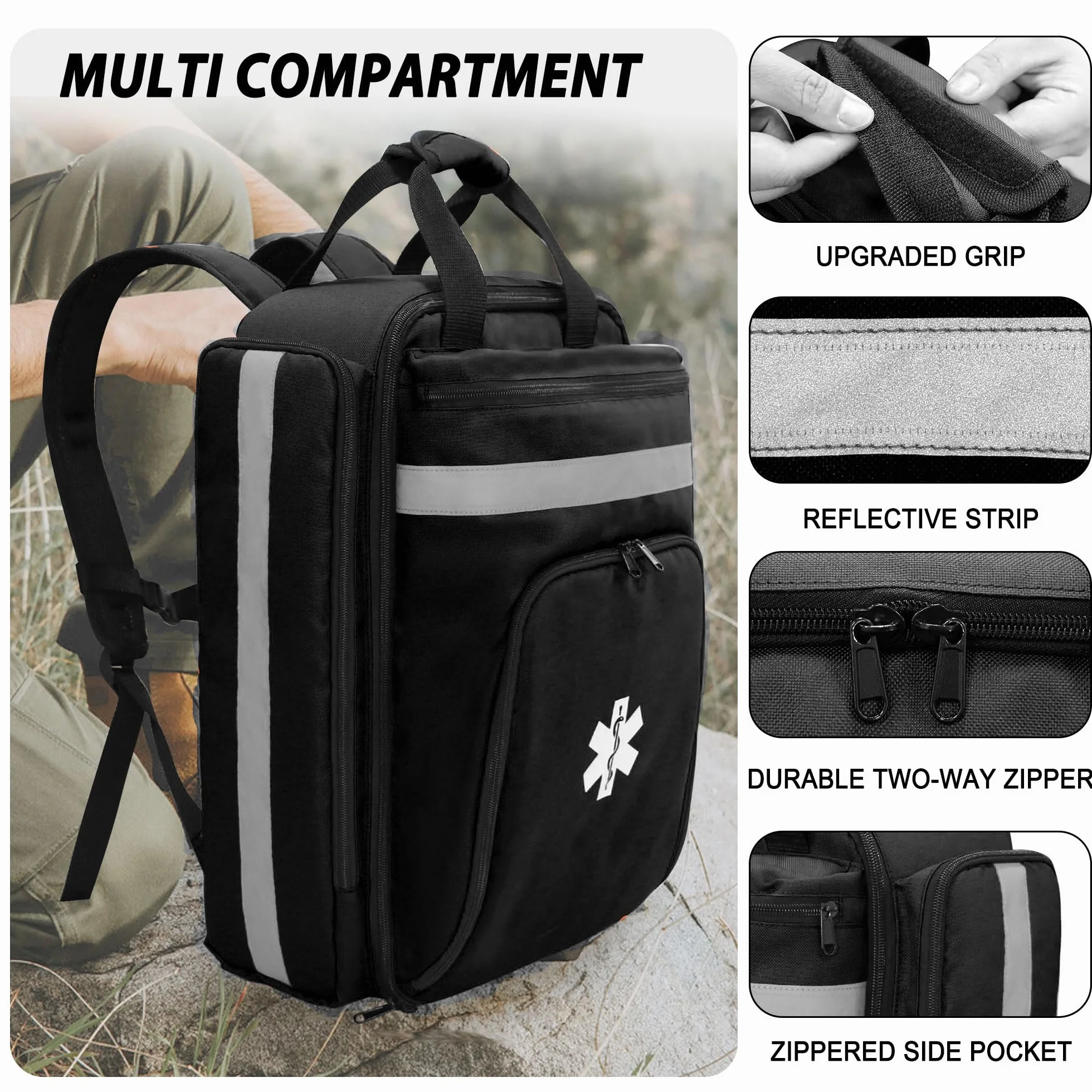 Mochila Profesional de Primeros Auxilios vacía, Bolsa médica táctica con Reflectante, Mochila médica de Primeros Auxilios de Gran Capacidad para Camping, Senderismo,(Negro)