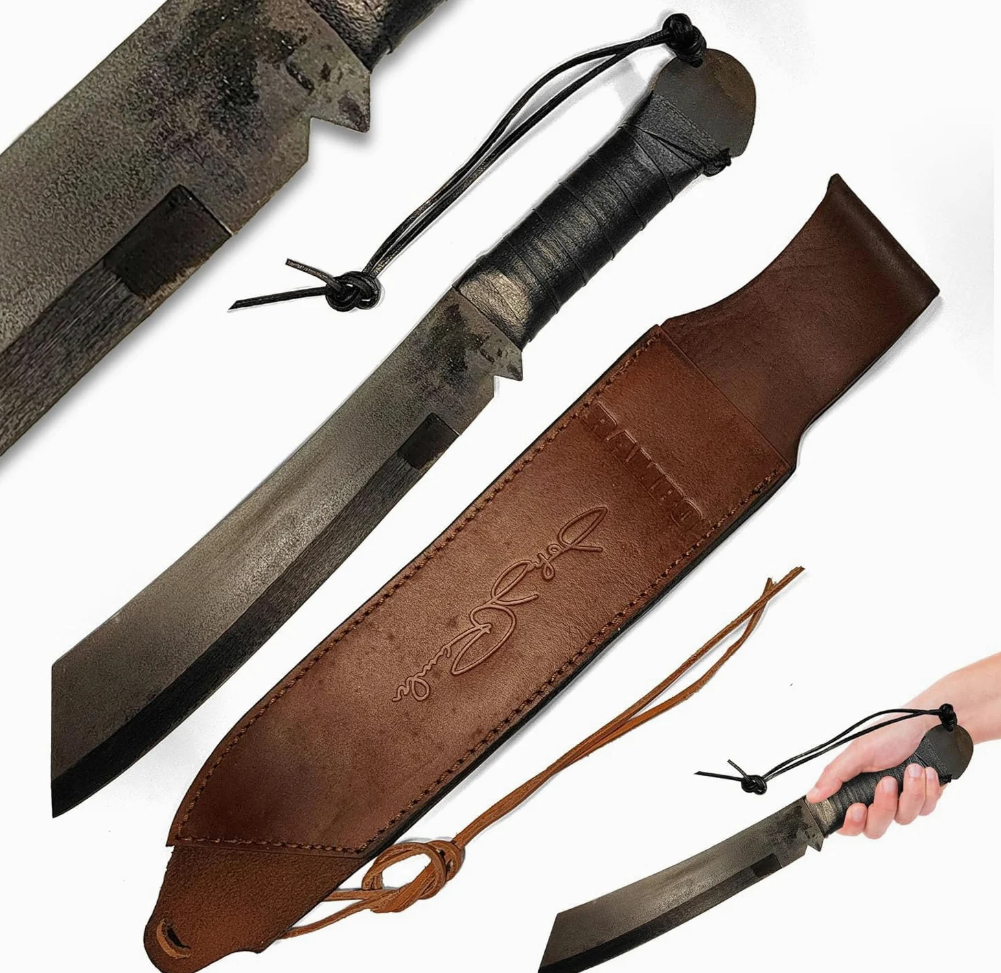 Swords and more Herramienta de corte de exterior con hoja fija – herramienta robusta de acero para uso general con funda de cuero