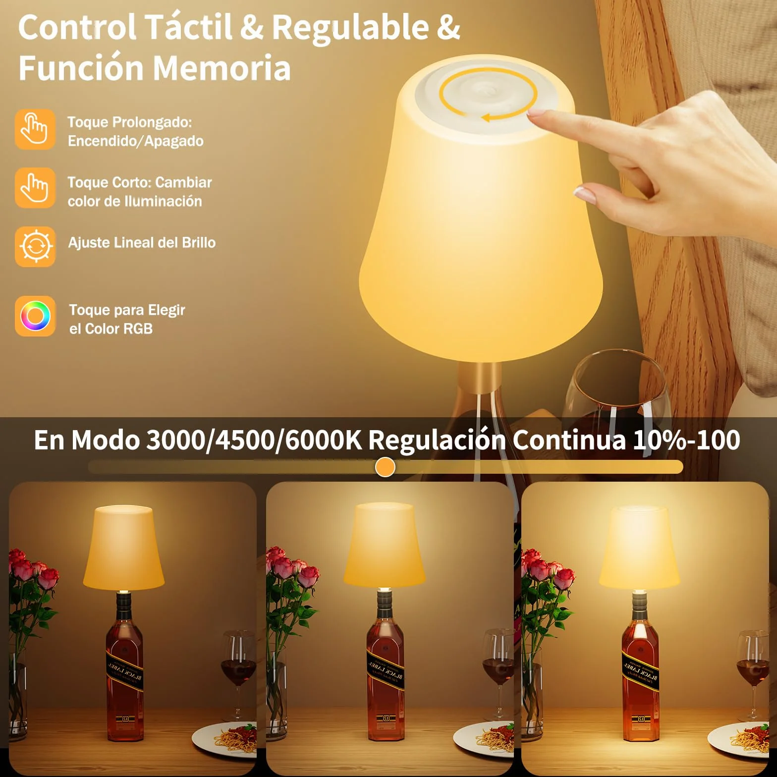 Lámpara de Mesa Inalámbrica Recargable IP54 Impermeable con Brillo Ajustable 3 Temperaturas Color+RGB, Táctil