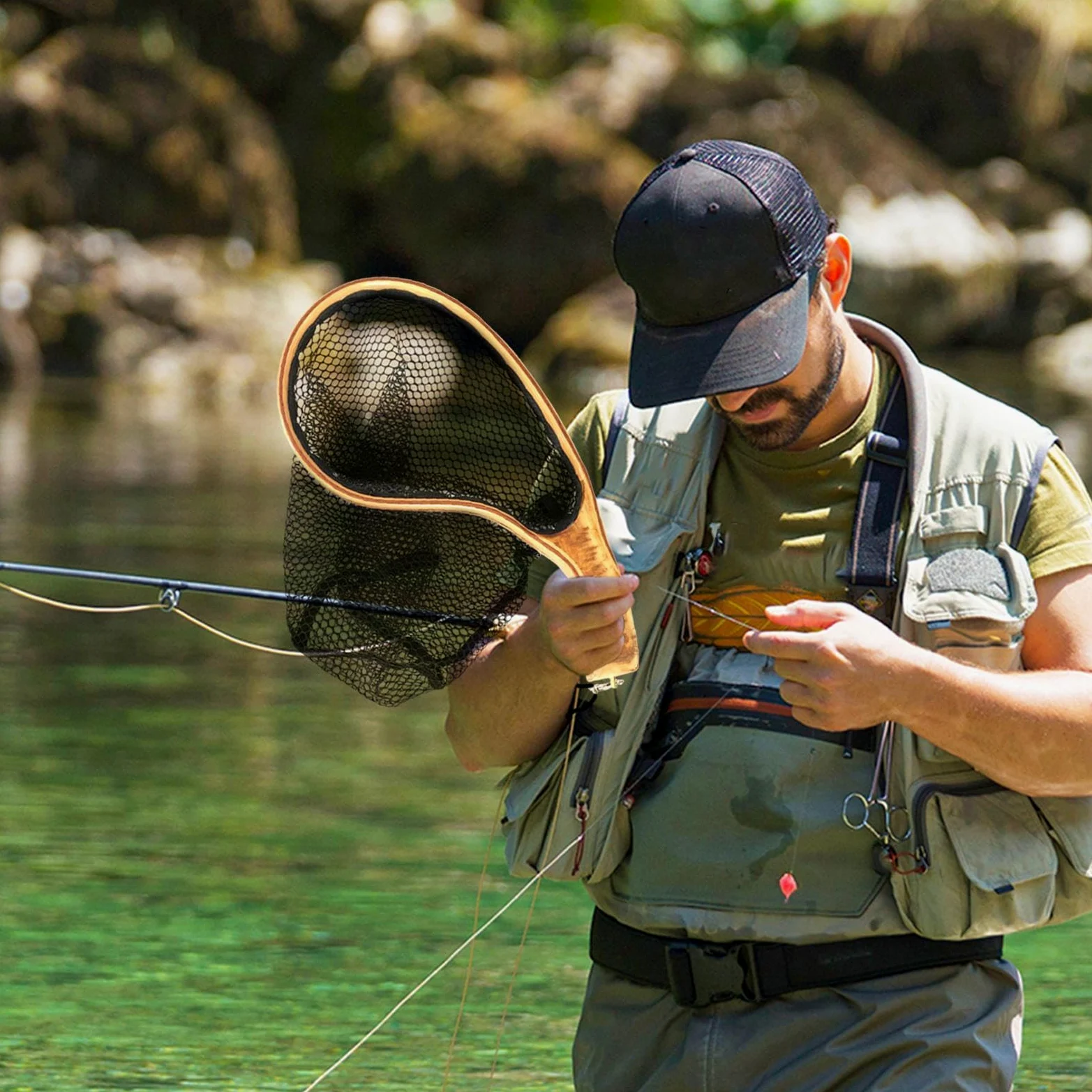 Redes de aterrizaje para pesca, red de aterrizaje de trucha, red de pesca para lubina, red de estanque de peces con mango de madera, red de captura y liberación de pesca con mosca | para , red de estanque de peces con mango de madera, red de captura y lib
