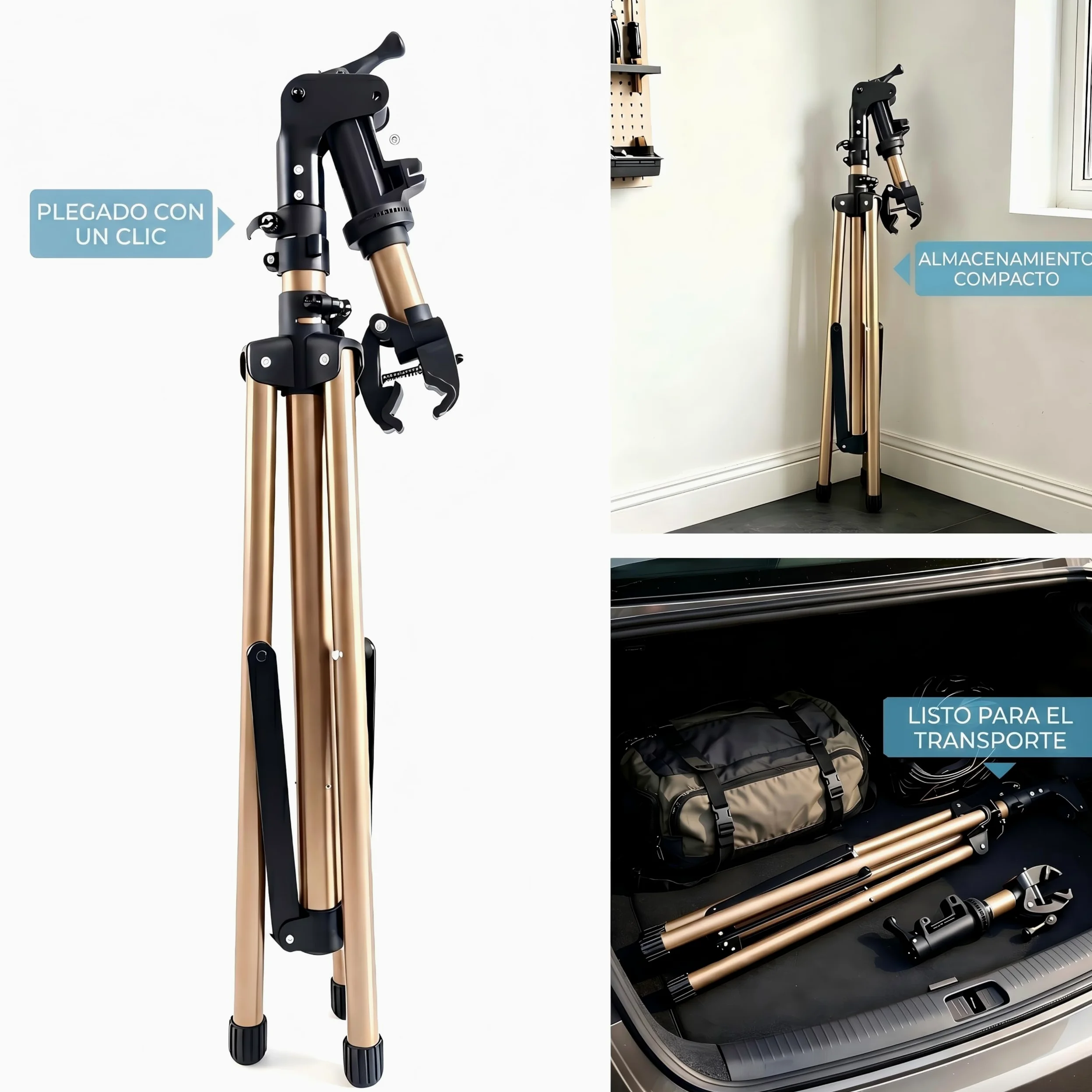 Caballetes para bicicletas de aluminio tres patas, reparación y montaje, totalmente plegable, doble cierre seguridad, diseño compacto, ultraligero, bandeja magnética de gran tamaño