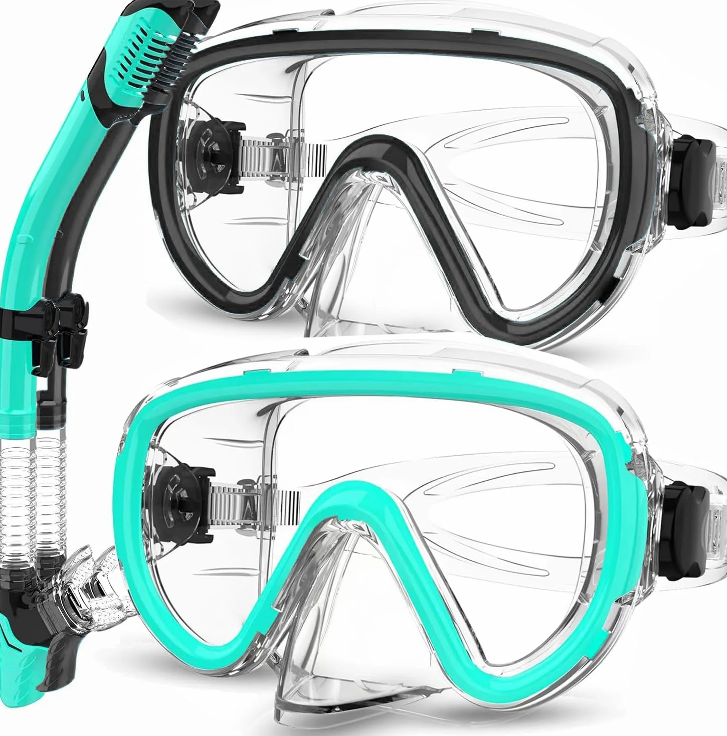 Paquete de 2 equipos de esnórquel para adultos | Máscara de esnórquel mejorada antivaho y antifugas | Snorkel seco sin respiración | Vista panorámica de 180° con bolsas de secado rápido