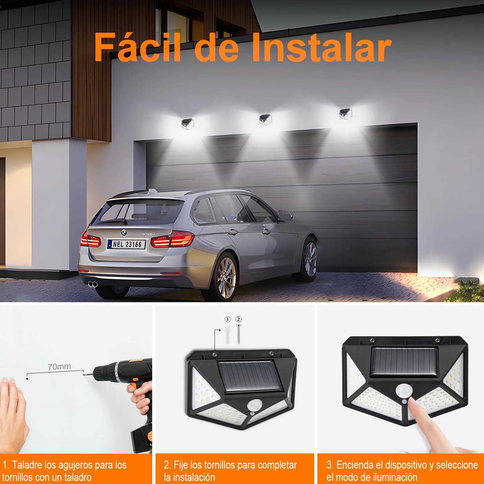 GRIFEMA Focos LED Exterior Solares con Sensor de Movimiento, Lámpara de Pared Solar Impermeable 100 LEDs, IP65, 270°, 800mAh, GDK203