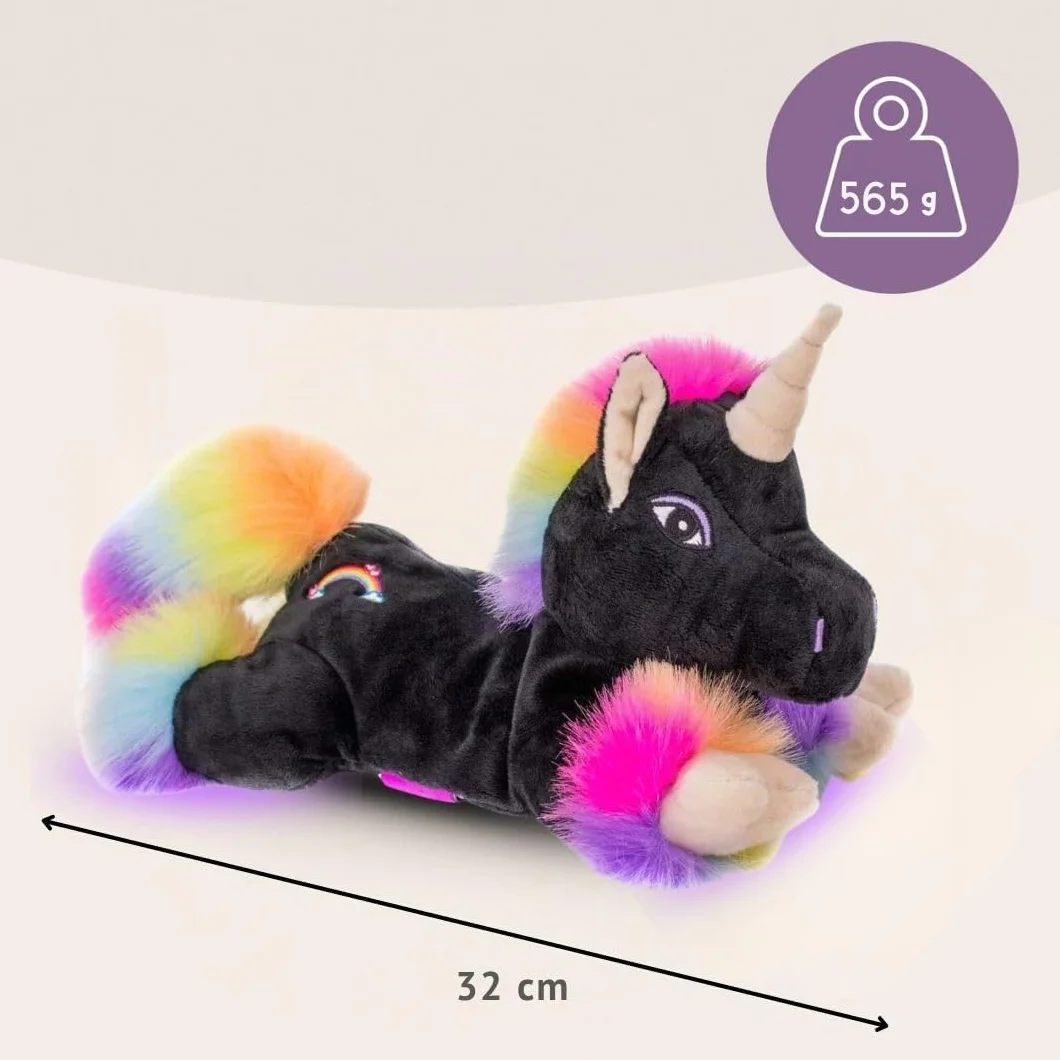 Cojín térmico prémium Unicornio Black Rainbow 1848 - Peluche térmico para microondas y horno - Relleno de mijo extraíble para niños y adultos
