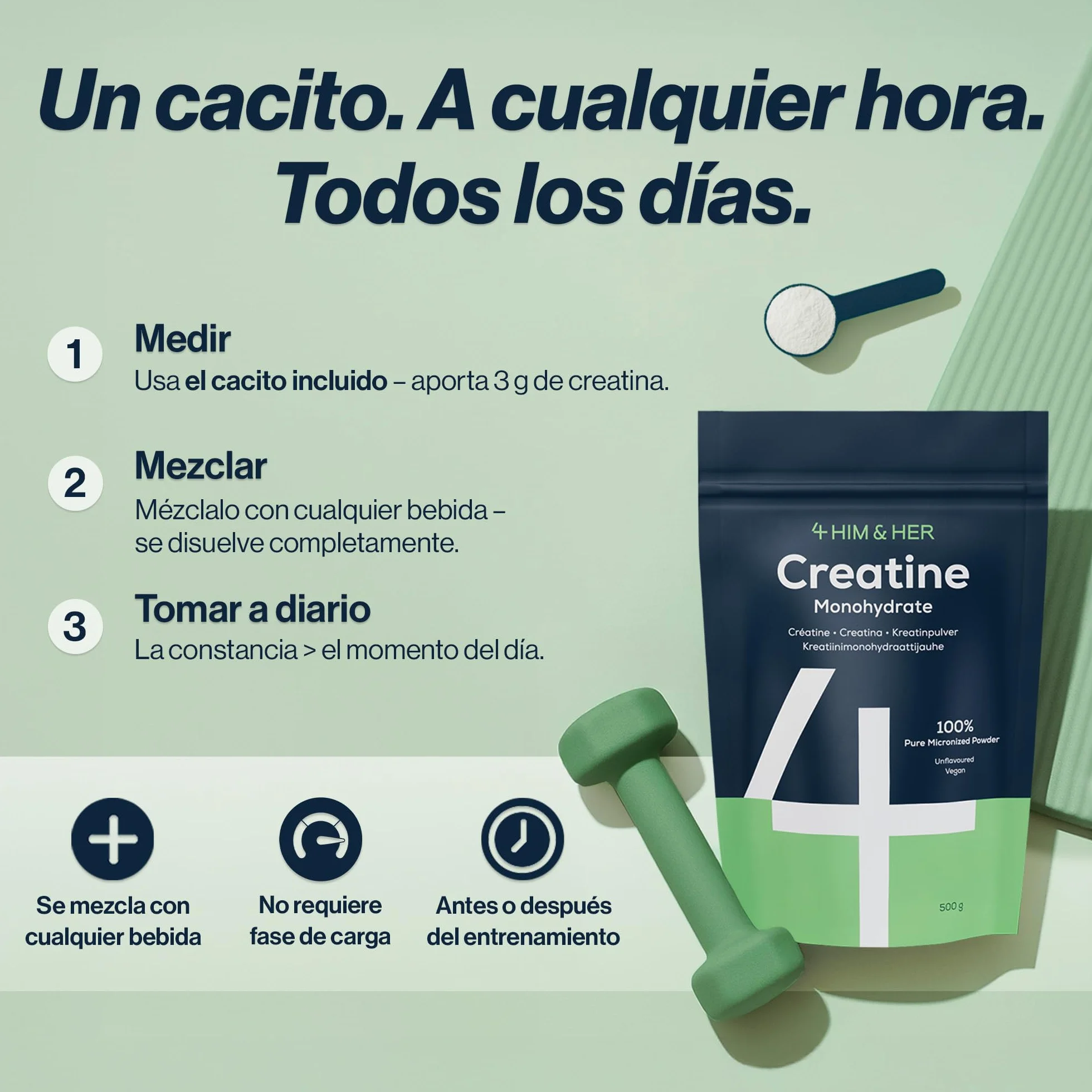Creatina Monohidratada Polvo 500g, 5 Meses, 100% Pura, Sin Sabor, Micronizada 200 Mesh, Soluble, 147 Porciones, Vegana, Sin Gluten