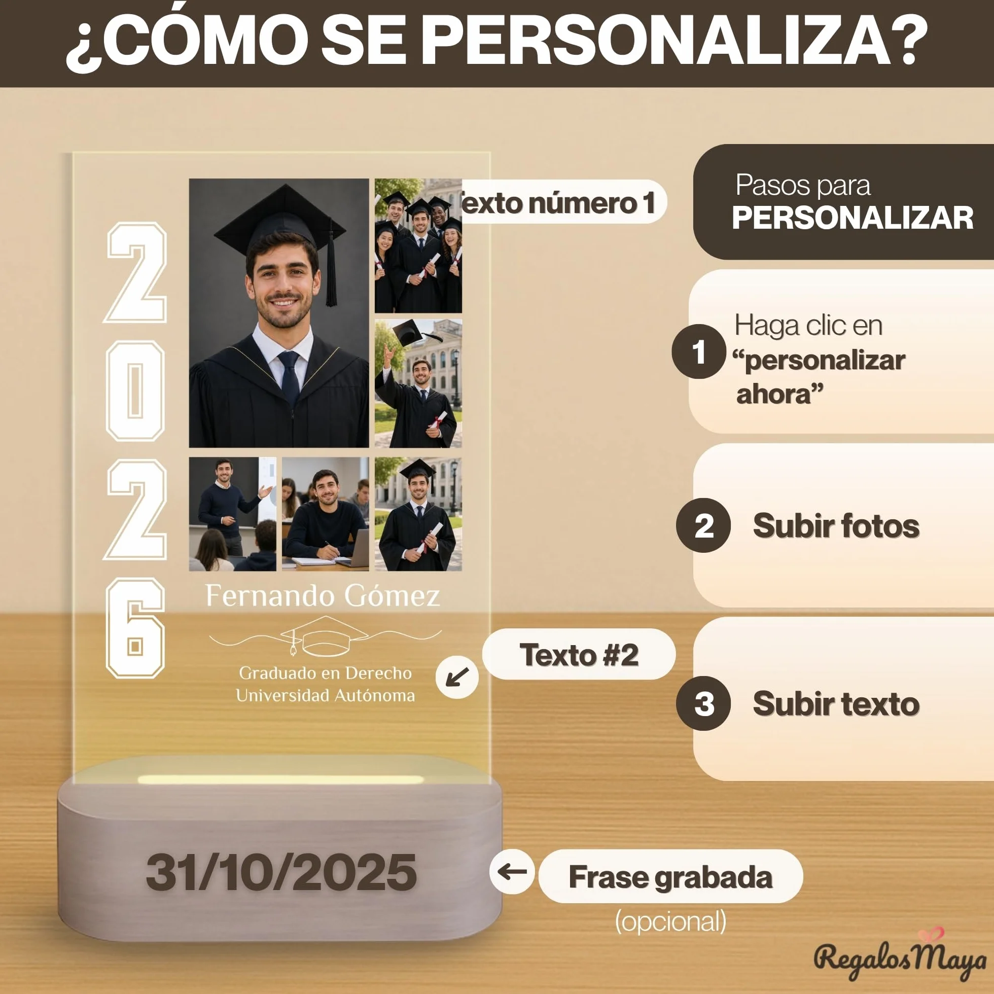 Lámpara personalizada graduación regalo con placa, fotos, nombre y curso 2026