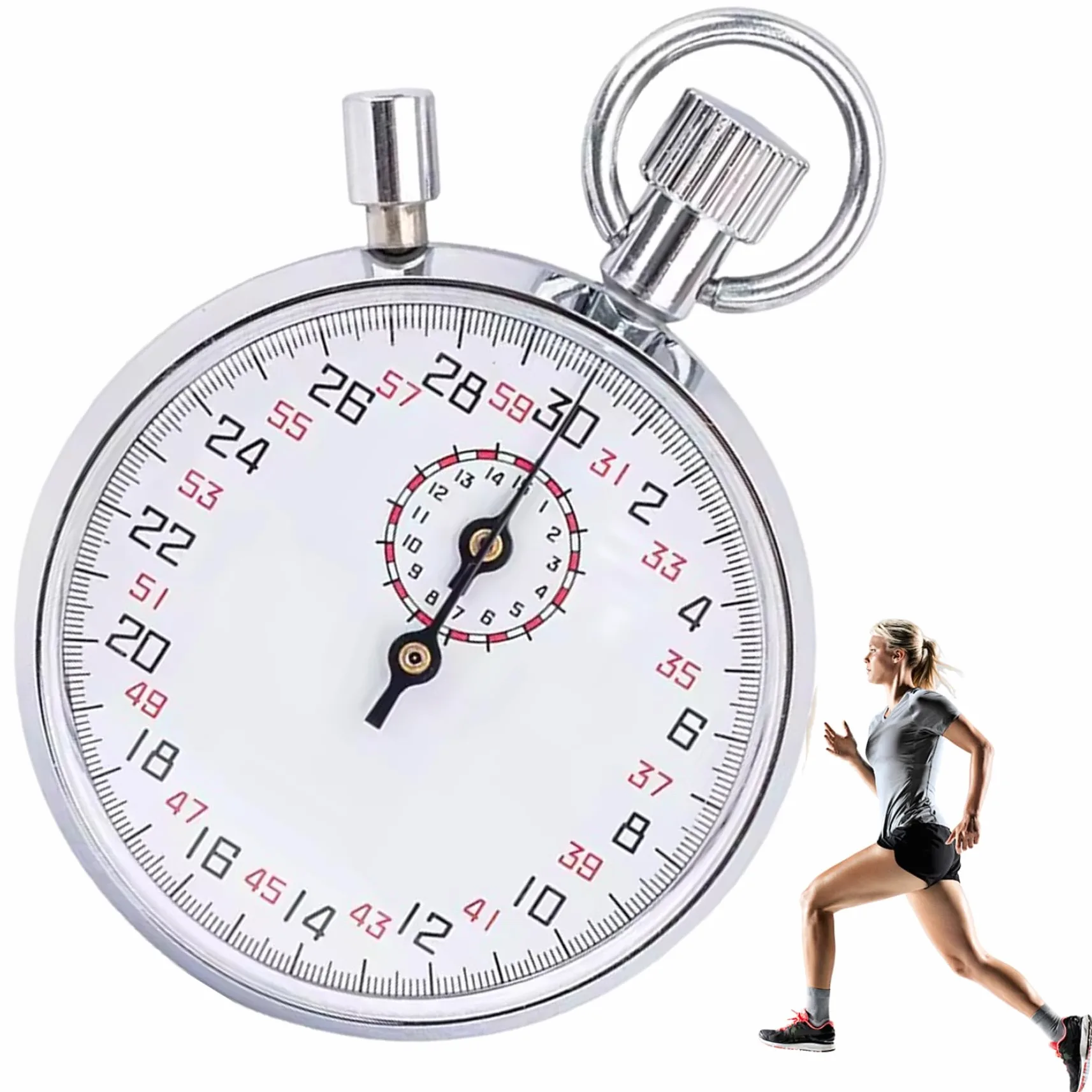 Cronómetro mecánico Cronómetro analógico de Acero Inoxidable de 30 Segundos con Pausa Temporizador portátil para Correr, Entrenar y experimentar.