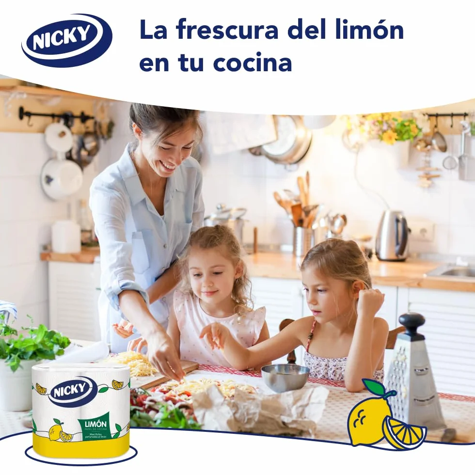 Nicky Limón Papel de Cocina 2 Rollos 2 Capas 100 Hojas Super Absorbente Perfumado Limón Fsc