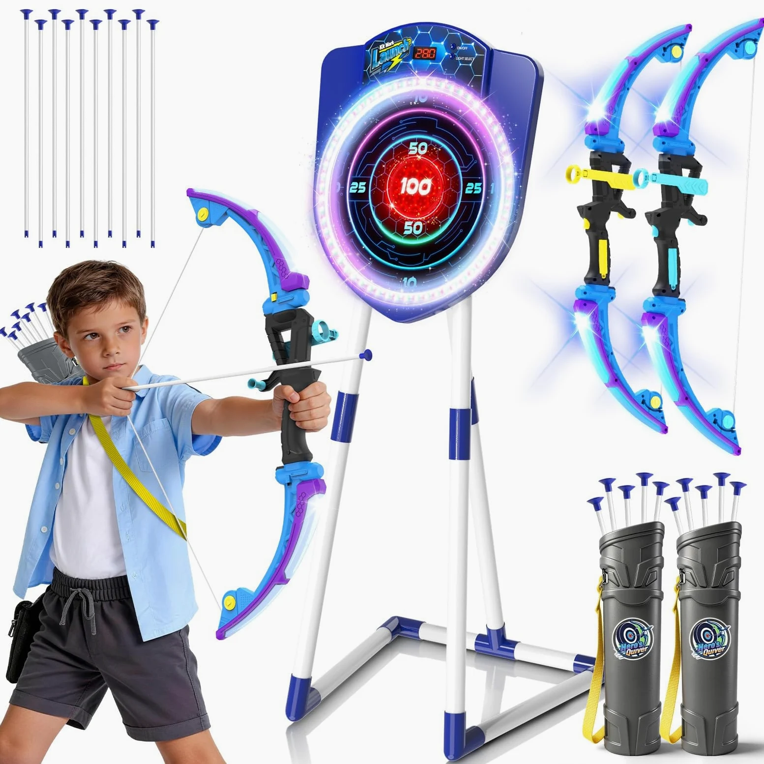 Vatos: Pack de 2 Arcos y Flechas LED para niños con puntuación automática; Juego de Tiro con Arco Luminoso Que Incluye 10 Flechas con ventosas, 2 carqueros y una Diana de Tiro con Arco LED