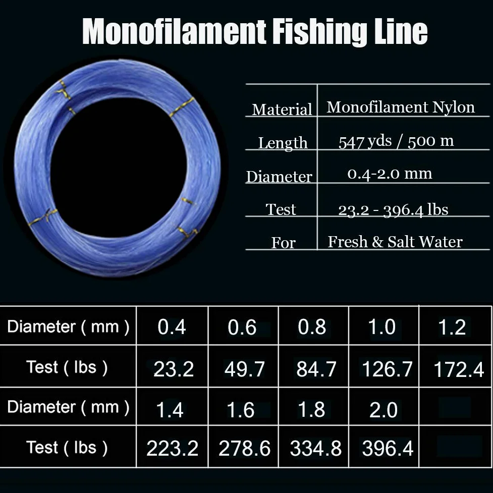 Línea de pesca monofilamento de 547 yardas, línea líder de nailon transparente, súper fuerte, resistente a la abrasión, baja memoria, línea de pesca monofilamento, línea de fusil submarino para agua
