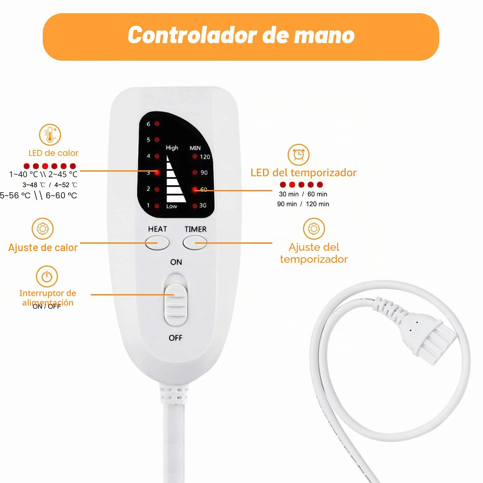 Manta Electrica Almohadilla Termica Calefaccion Electrica Apagado Automatico 6 Temperaturas Gris Claro 30x60cm