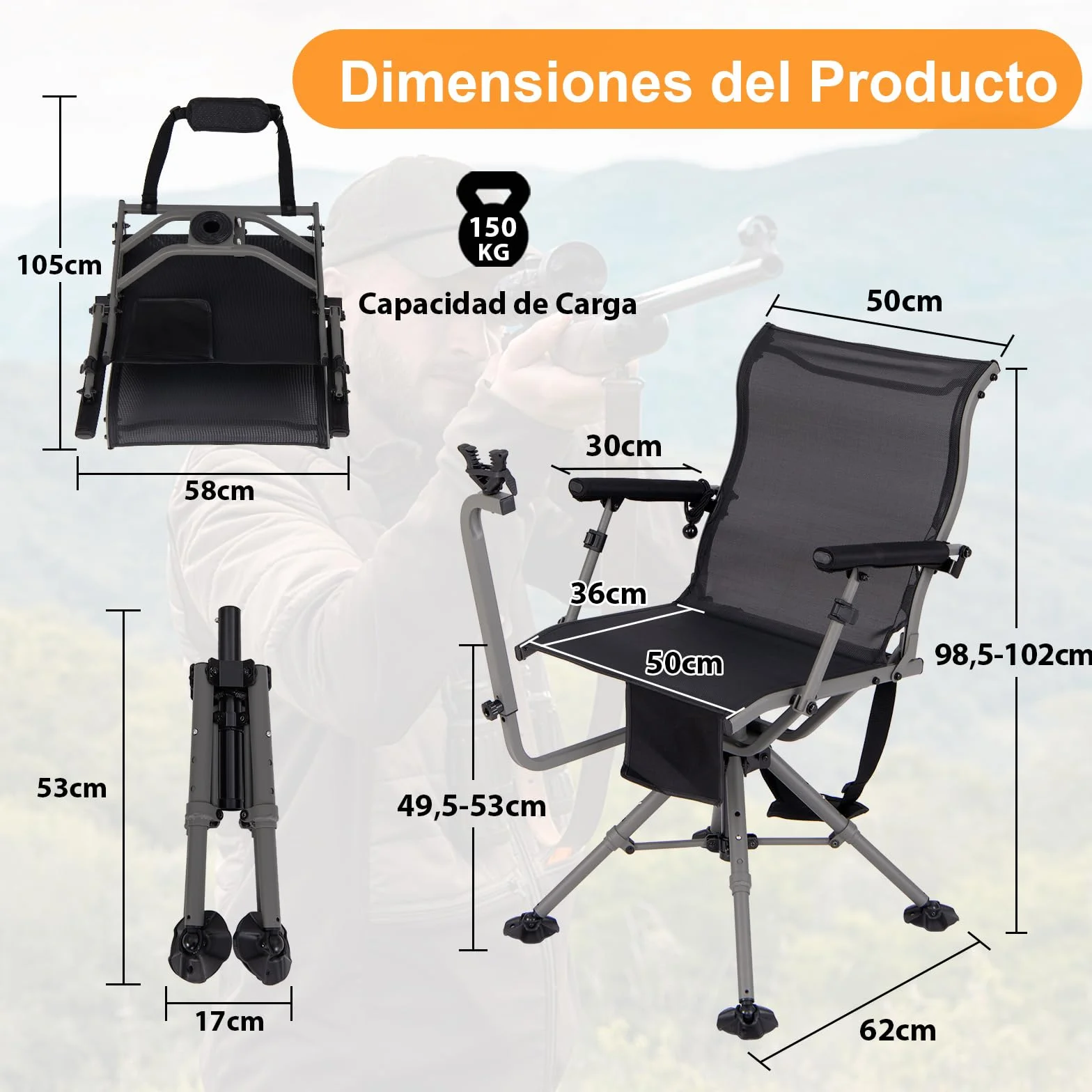 GOPLUS Silla de Caza Giratoria 360°, Silla Plegable con Patas Ajustables y Soporte para Arma, Respaldo Ergonómico y Reposabrazos Cómodos, Bolsillo de Almacenamiento, Sillas Silenciosa para Caza