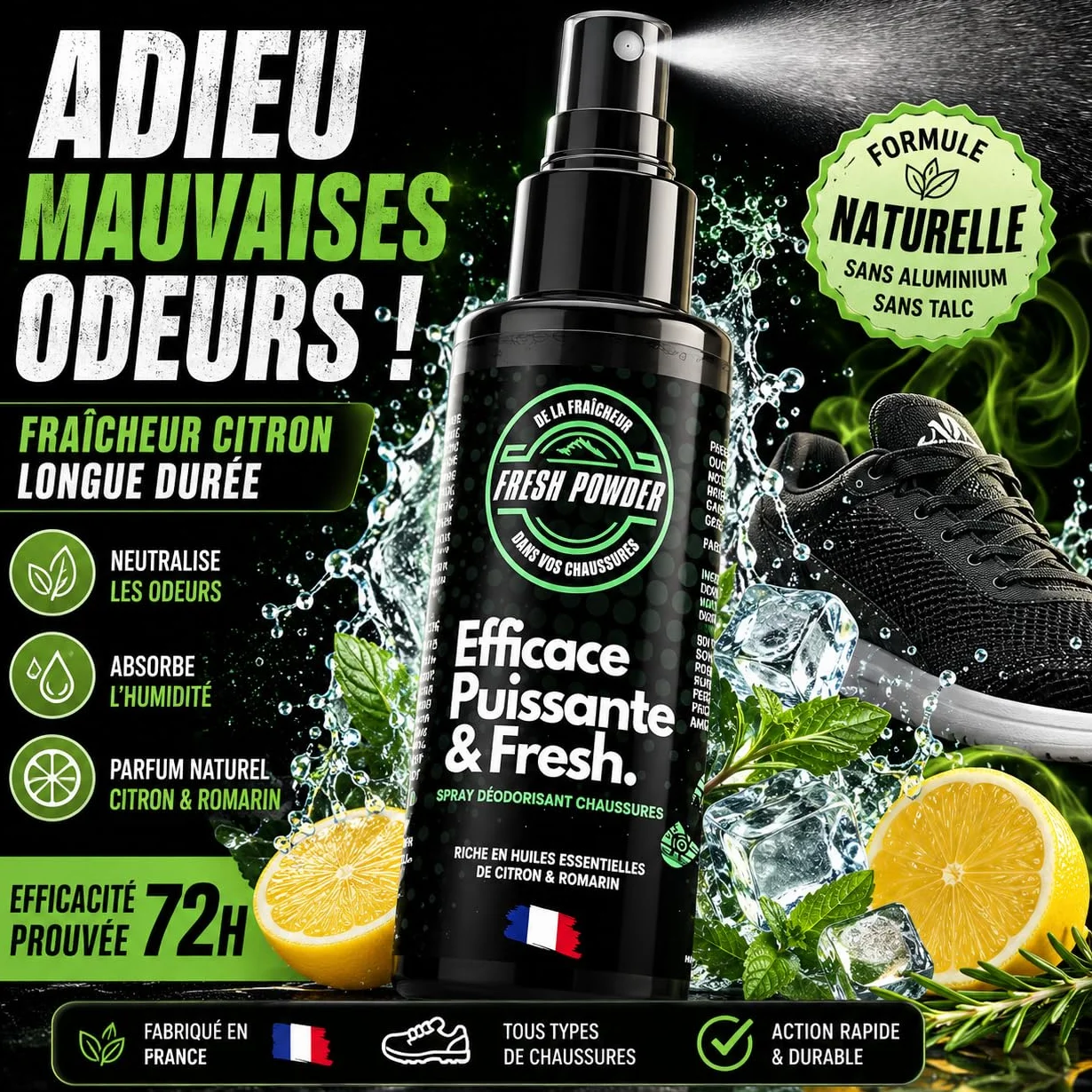 Desodorante de zapatos Fresh Powder Limón 120 ml elimina olores neutraliza humedad polvo natural