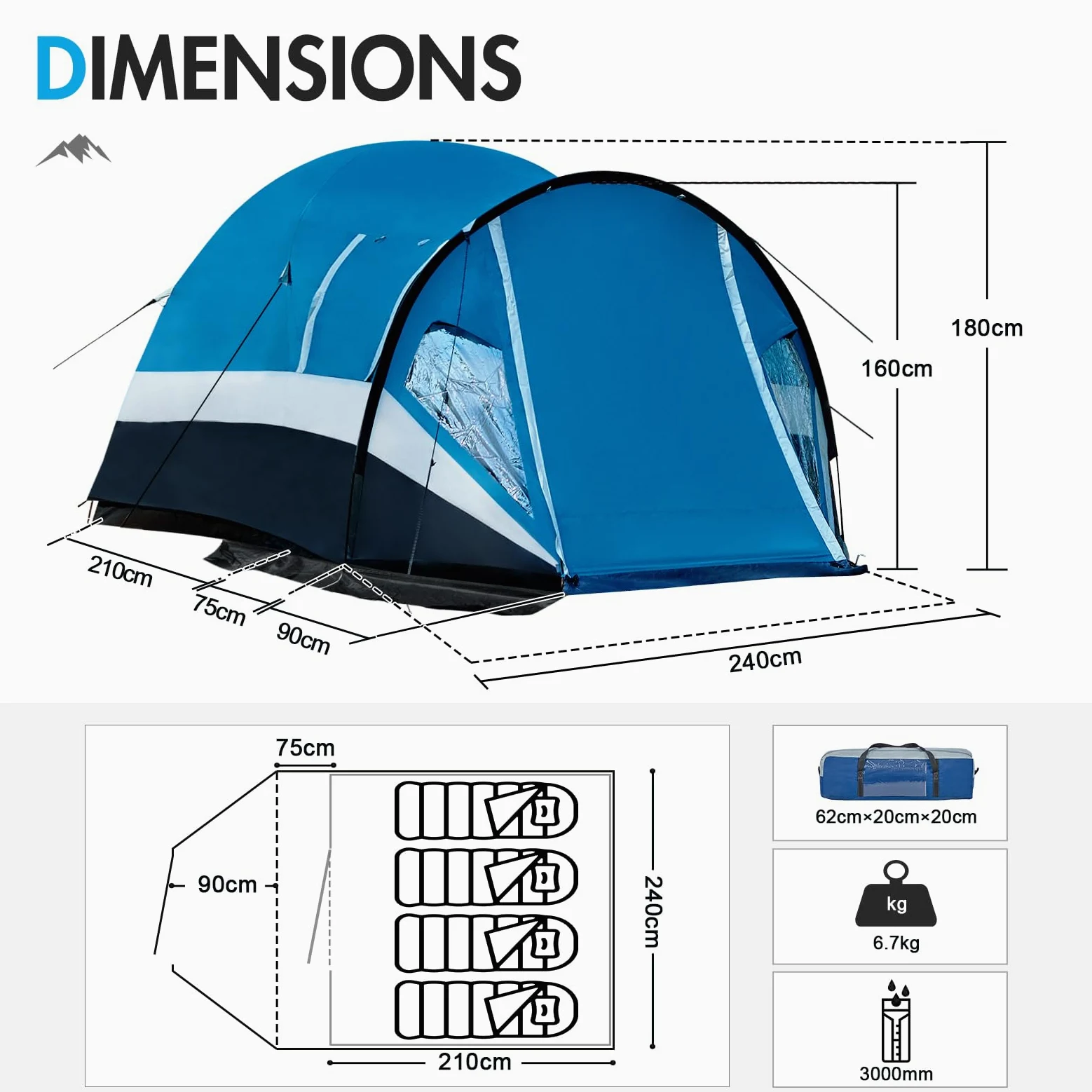Portal Tienda de campaña para camping, con toldo, 3 – 4 temporadas, grande, 3000 mm, resistente al agua, con puerta lateral, ventana lateral, puerta de pantalla para trekking, exterior, festival, hierro para familias