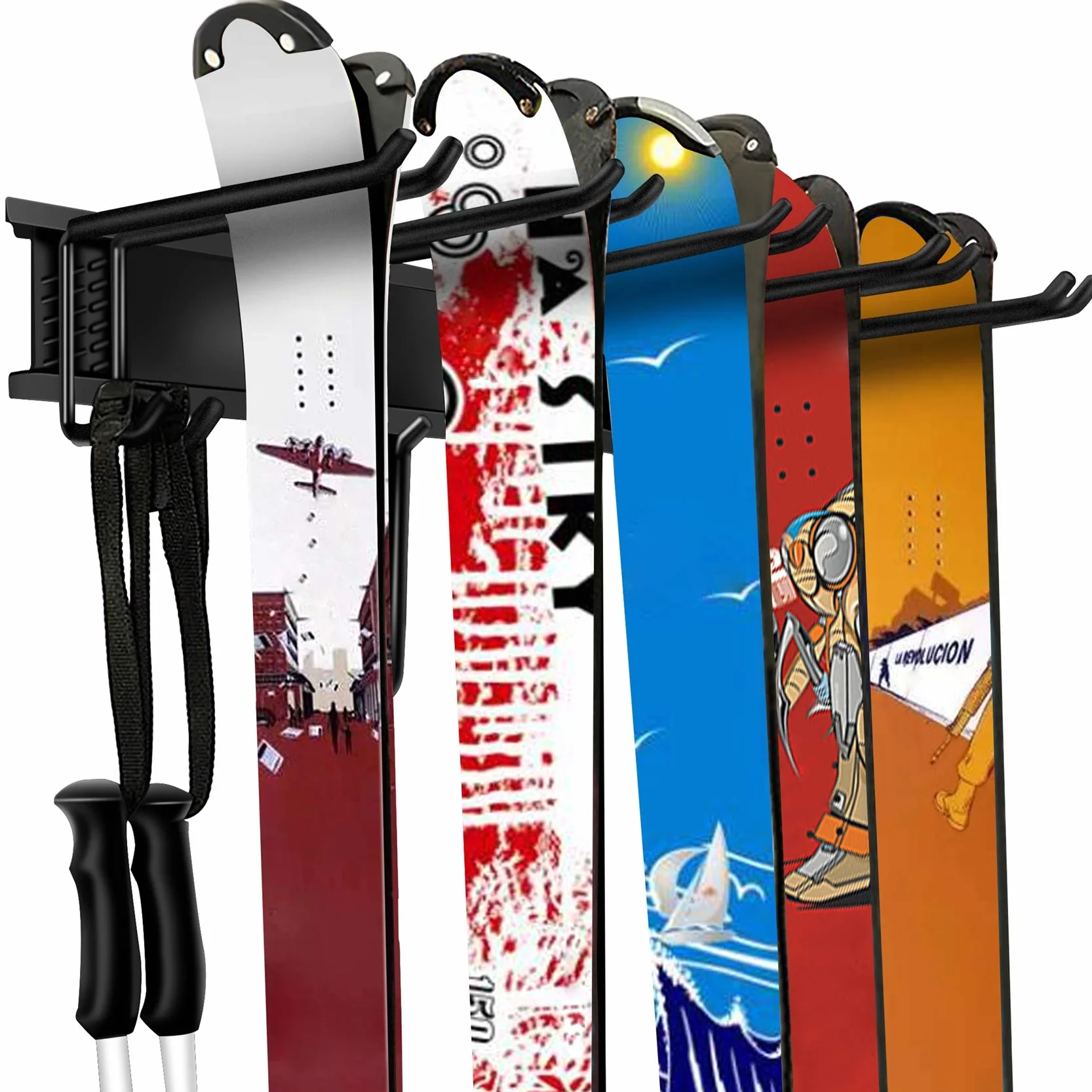 WALMANN Sistema de organización de almacenamiento de garaje y estante de pared para esquís y snowboard, 10 pares de soportes, cobertizo incluido