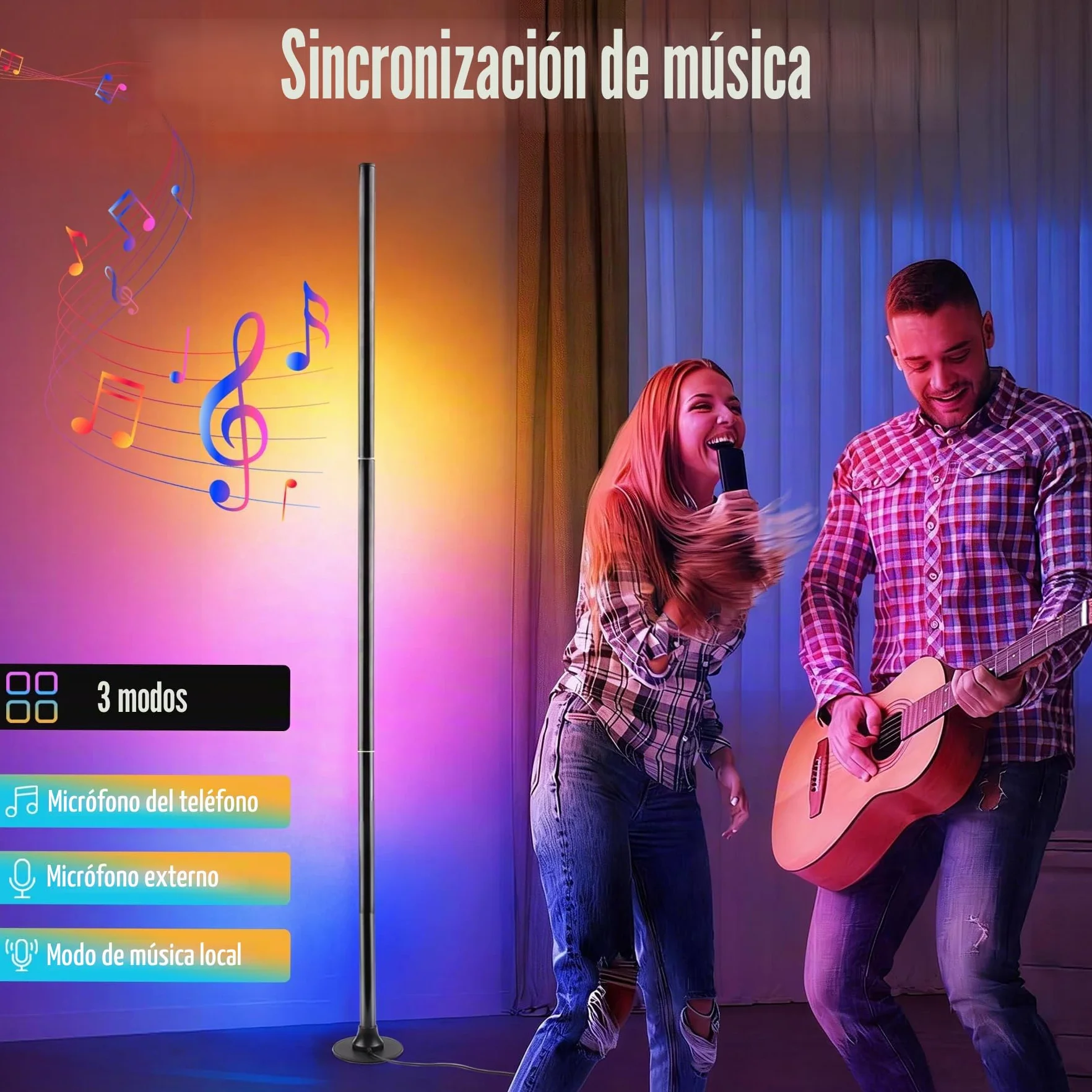 Lámpara de pie LED RGB con control por aplicación y mando a distancia, sincronización musical, 16 millones de colores