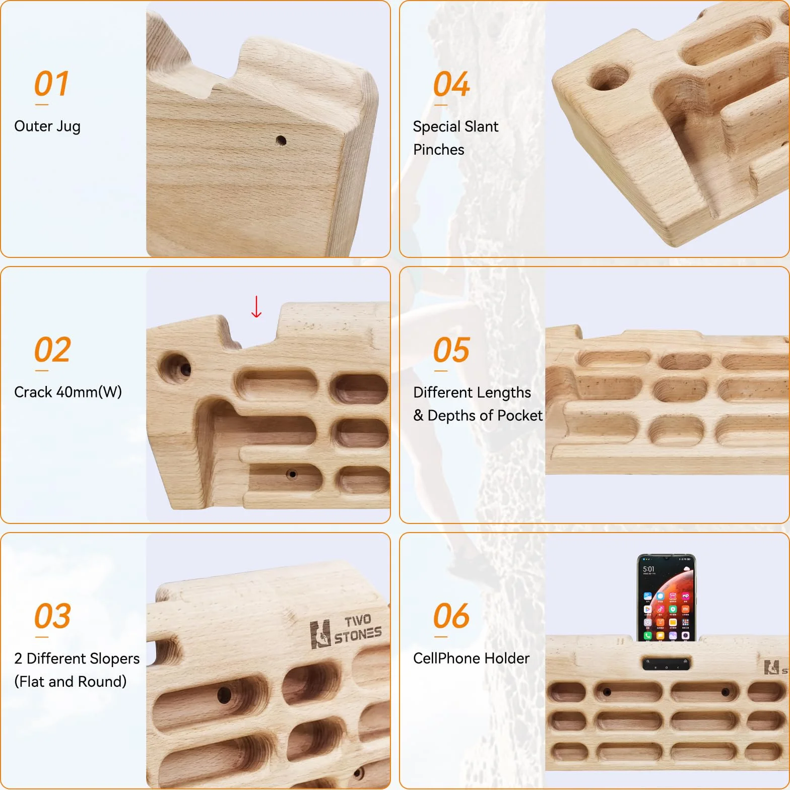 TWO STONES Hangboard - Tabla Colgante de Escalada con Soporte para teléfono, Soporte para Correa, Jarra, pellizcos, Bolsillos, Bordes y Pendientes; Tabla Colgante de Madera para Escalada