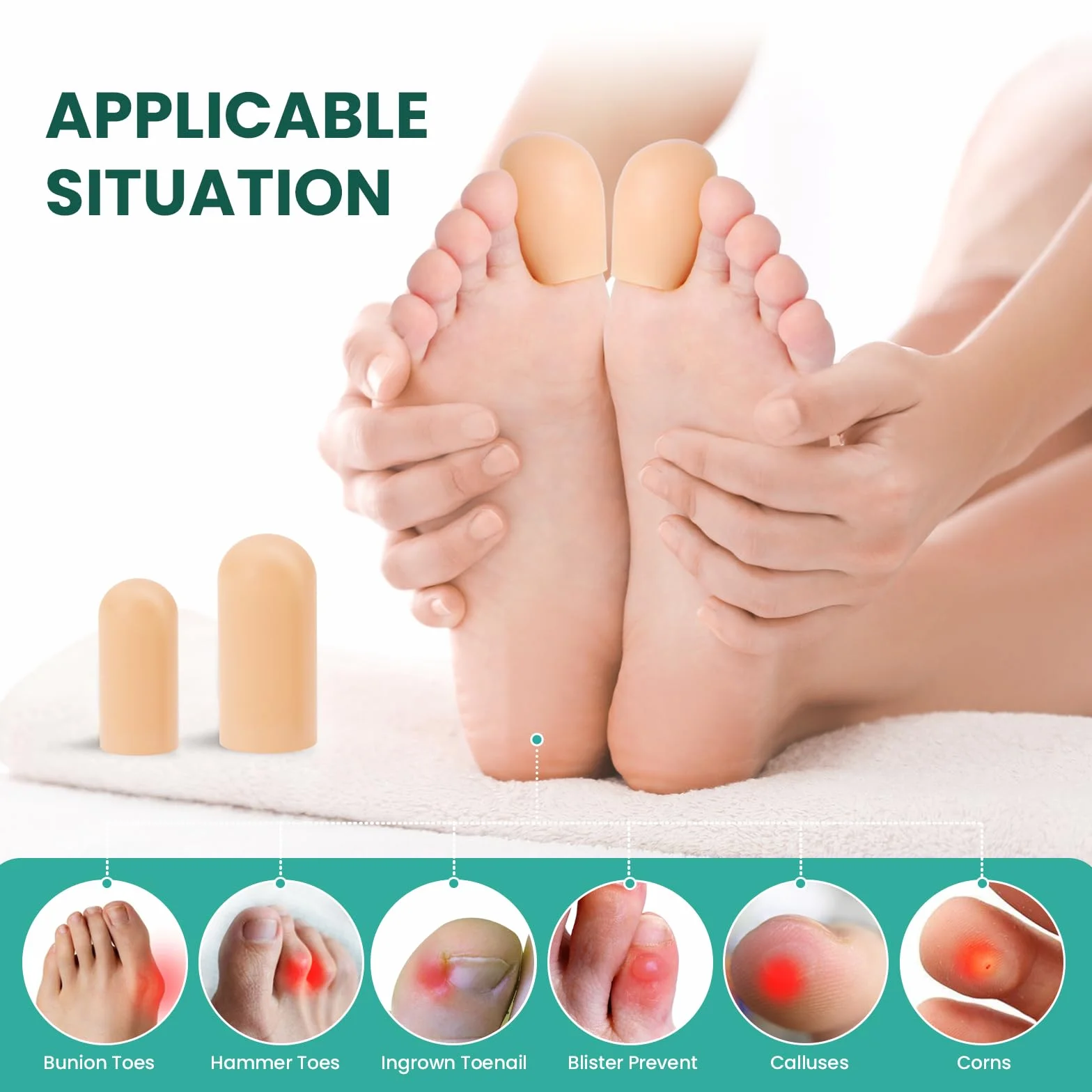 Welnove Protectores de Dedo del Pie de Silicona para Aliviar Molestias, Uñas Encarnadas, Callosidades y Ampollas (4 Large + 8 Medium, Beige)