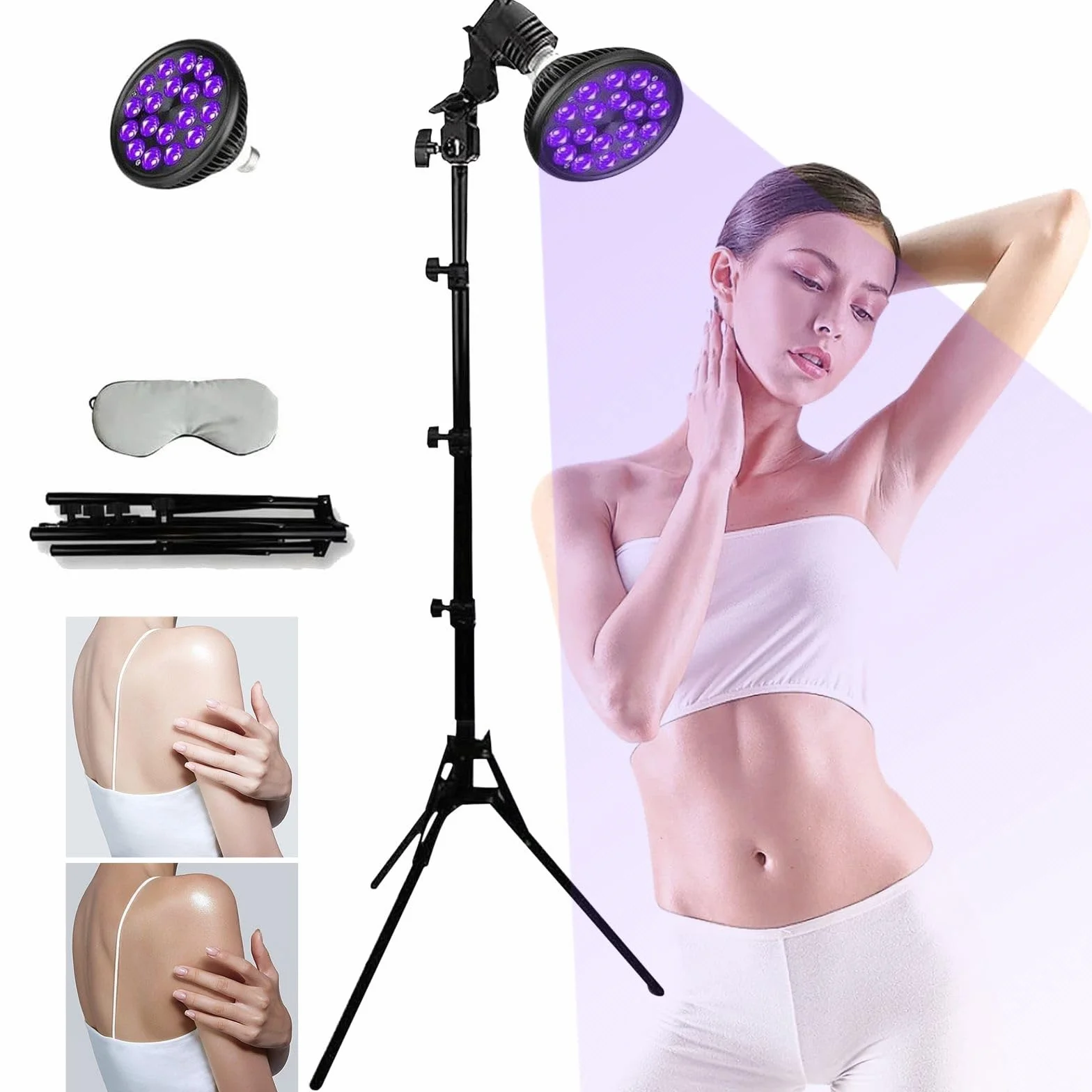 Lámpara de bronceado facial LED 395 nm 18 luces, altura ajustable 38.5-78.7 pulgadas, rotación 180°, autobronceadora para hogar y salón