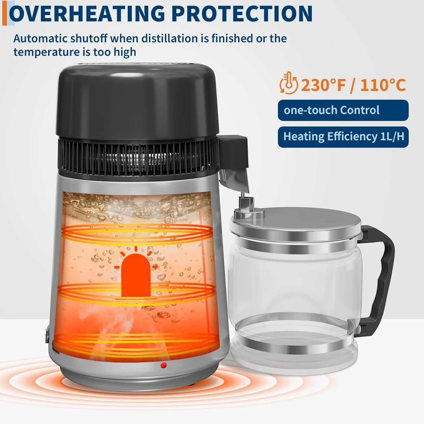 Destilador de agua 4L,1 litro por hora,750W Máquina de agua destilada con apagado automático,Eliminación de impurezas,Interior Acero 304,Purificador de agua portátil para casas,Oficina,Viajes-Plata