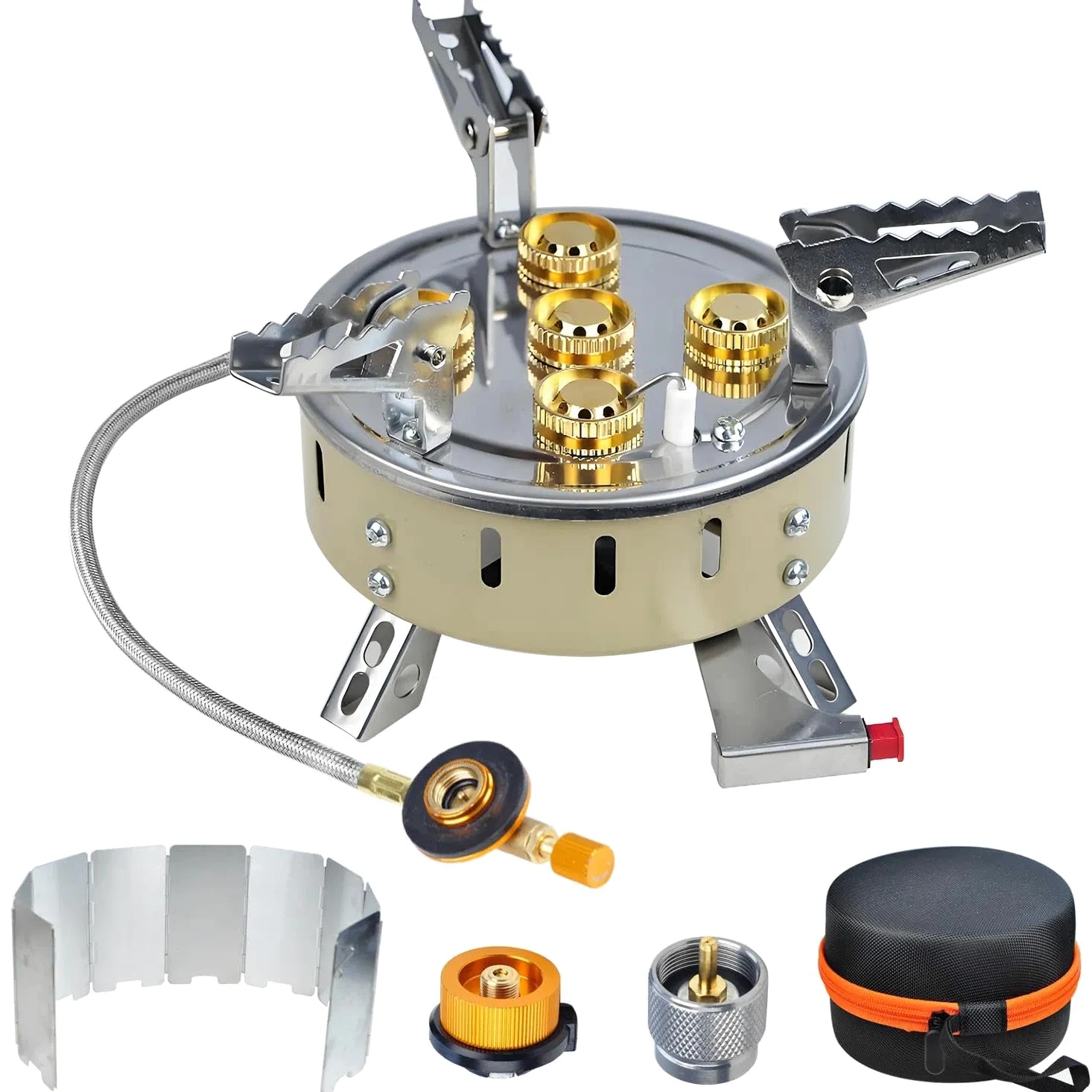 Estufa de camping resistente al viento, estufa de gas portátil ligera con encendido piezoeléctrico, dos adaptadores de depósito de combustible, parabrisas, funda de transporte de EVA para cocinar al