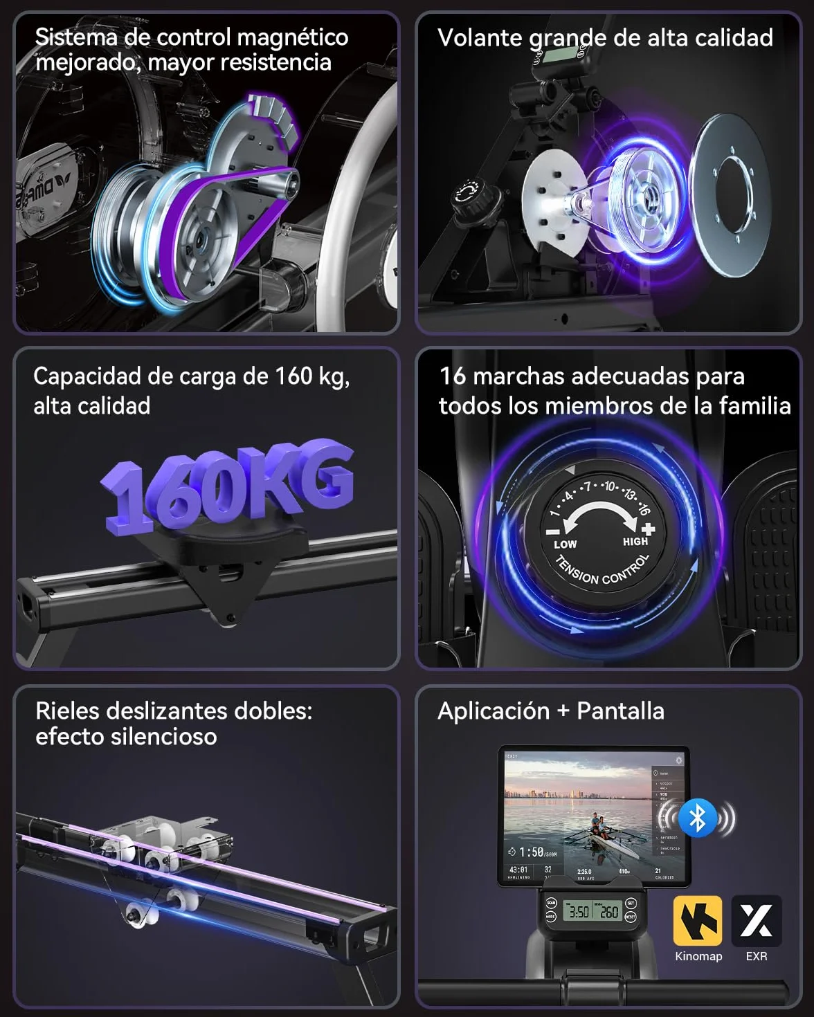 DMASUN Maquina de Remo para casa, 16 Niveles de Resistencia magnética, Soporta hasta 160 kg, Dobles mejorados, Ultra silenciosa y Estable, Conexión a la App, Almacenamiento Vertical para Ahorrar