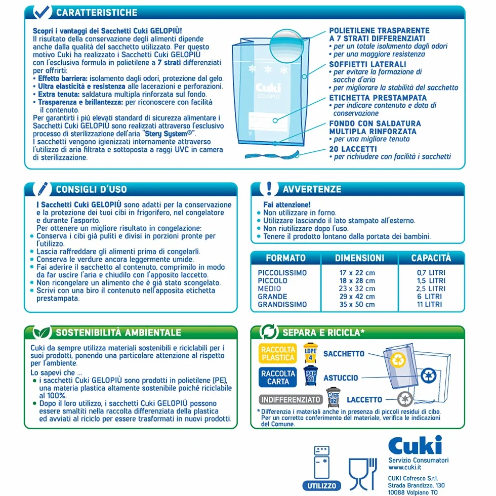Cuki Gelopiù Bolsas de congelador 7 capas 23x32 cm 2,5 L 20 unidades