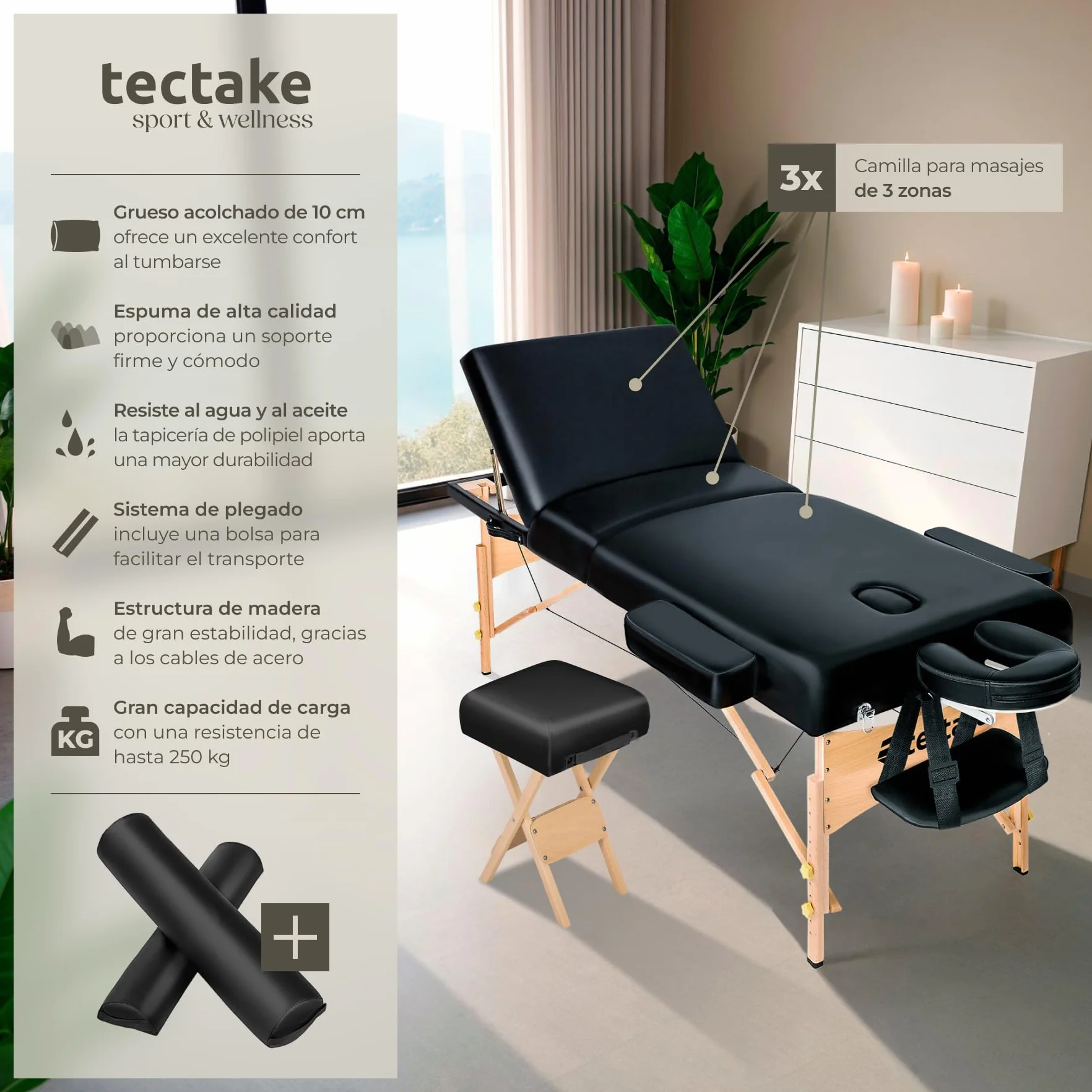 Tectake Camilla Masaje Plegable de Madera Profesional para Fisioterapia con Taburete, Cojines y Bolsa Transporte - Negro