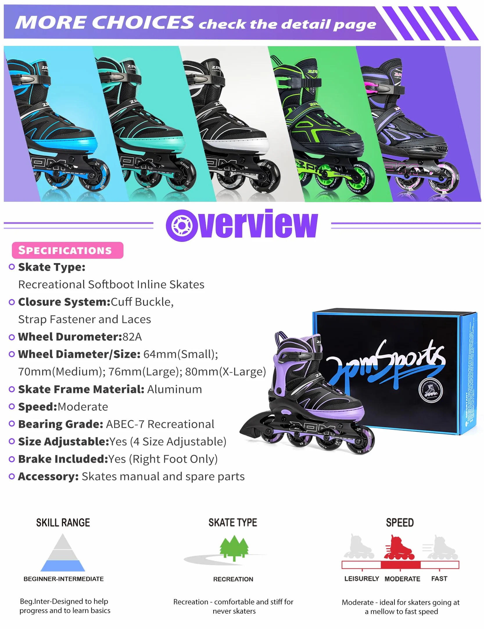 2PM SPORTS Regulable Patines en línea para niños y niñas con Ruedas de PU 82A