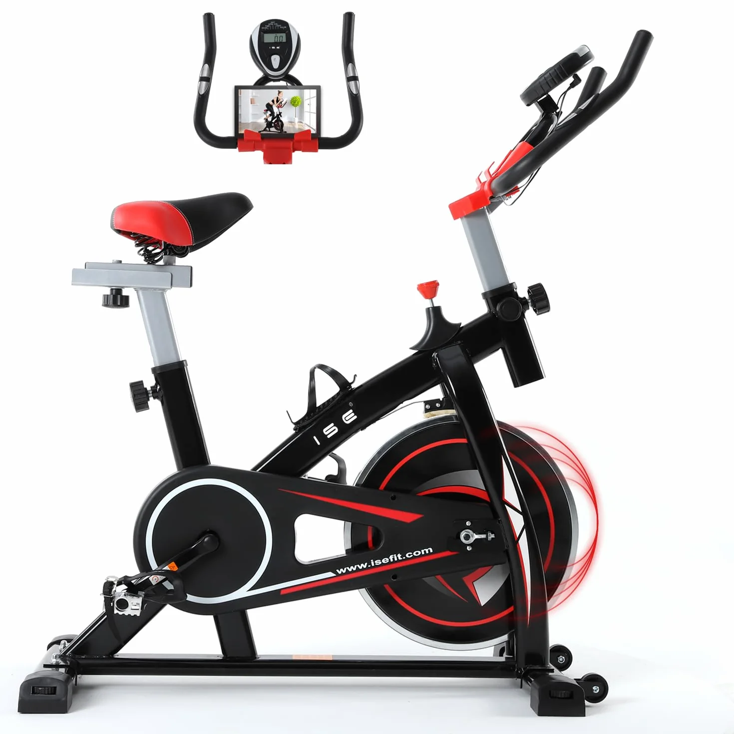 ISE Bicicleta Estática Indoor, Volante de Inercia 9KG, Bici Estatica Ajustable Resistencia, Bicicleta Profesional con Pantalla,Soporte, Sillín y Asa Ajustablesa, Max.120KG