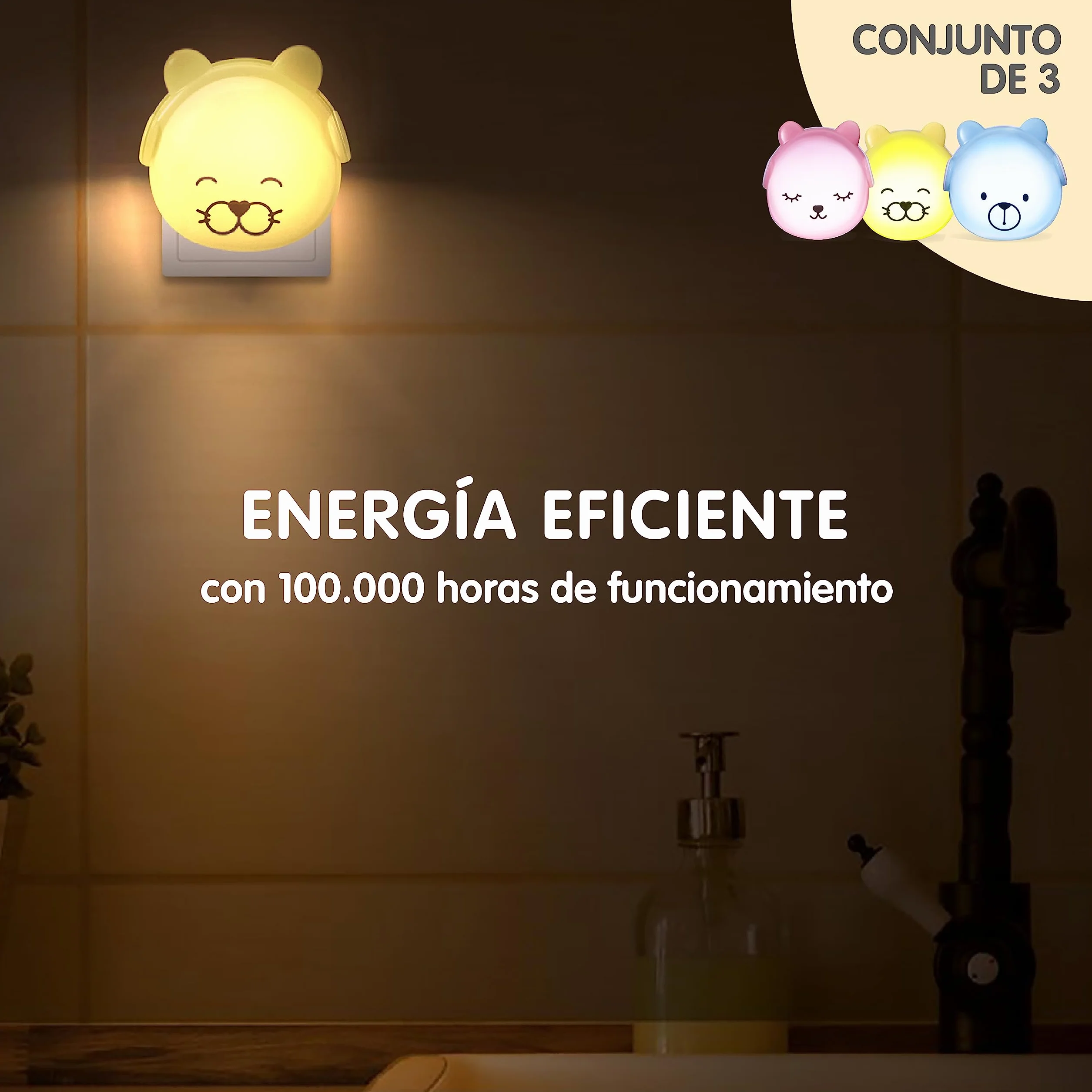 BRUNOKO Set 3 Ositos Luz Nocturna Infantil con Sensor Quitamiedos Pared
