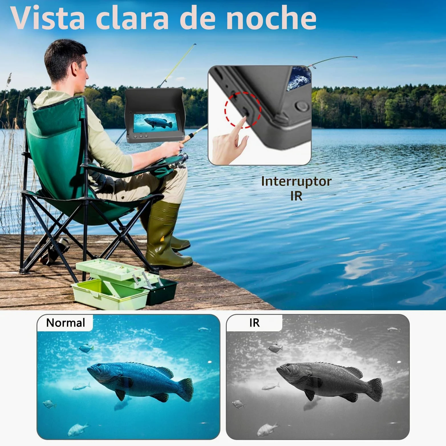 Fish Finder - Cámara de pesca submarina (5000 mAh, visión nocturna, infrarroja, IP67, impermeable, con pantalla de 10 cm, para hielo, río y barco
