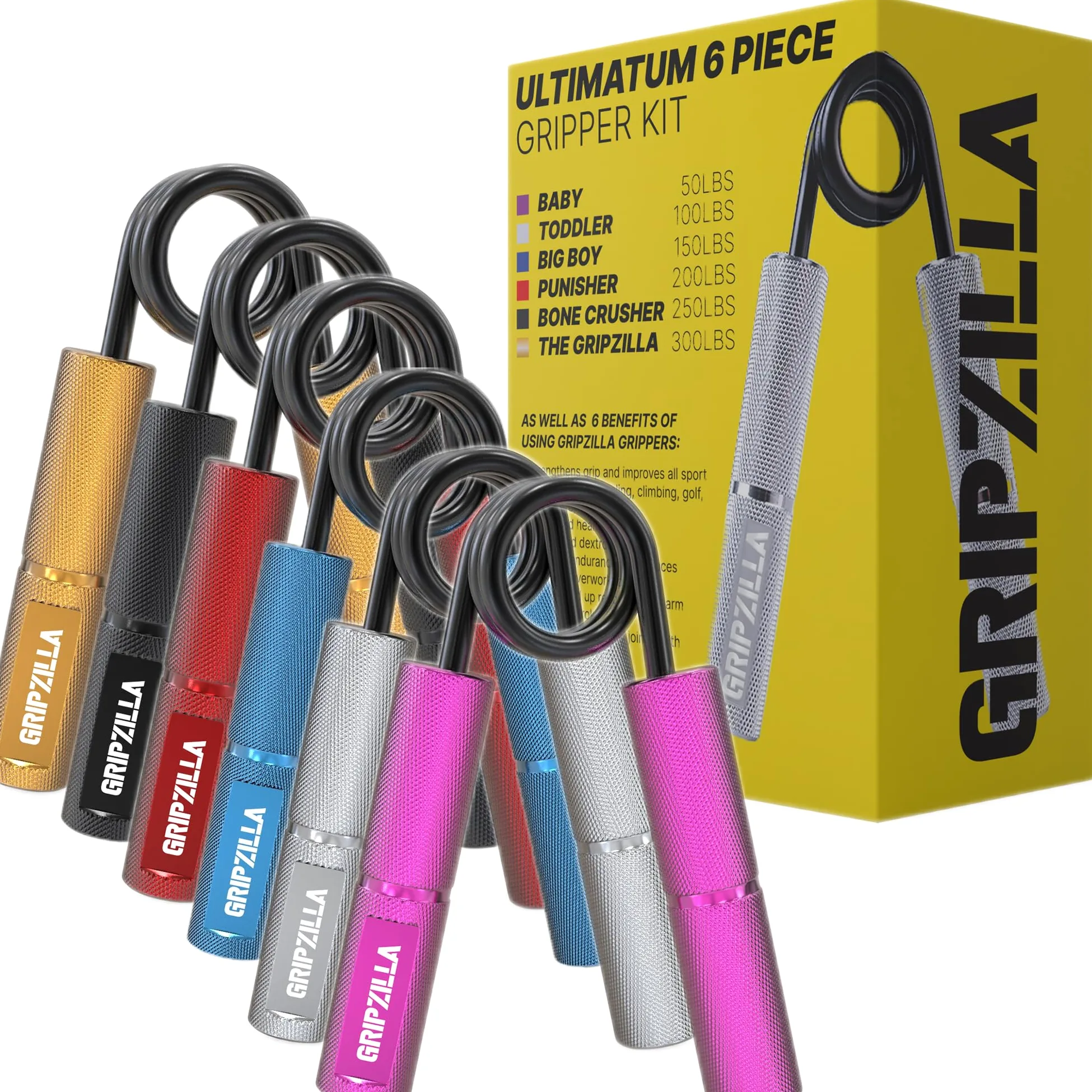 GRIPZILLA Entrenador de fuerza de agarre de 50 a 300 libras, paquete de 6, rosa, plata, azul, rojo, amarillo y negro